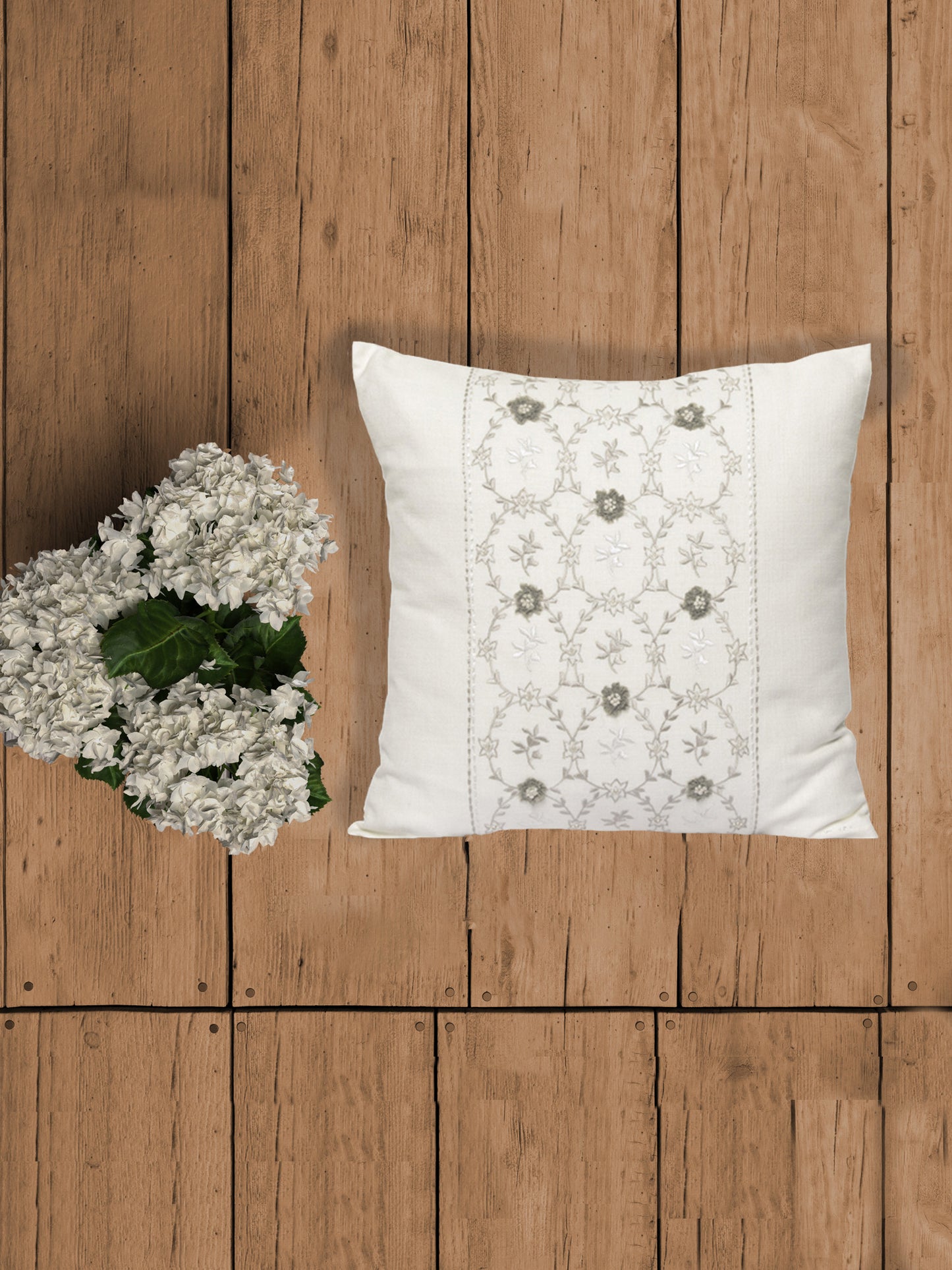 Embroidered Cushion Cover 100% Cotton Off-White - 16" X 16"