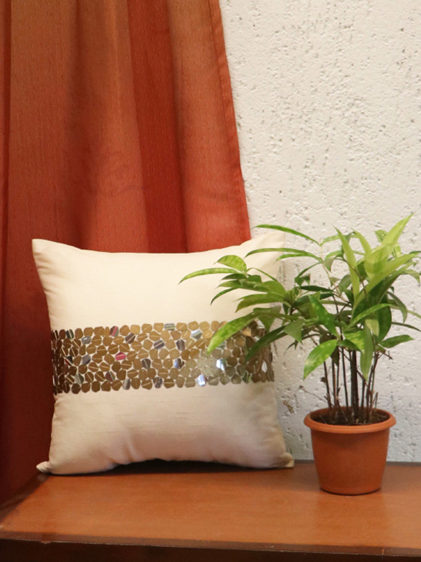 Cushion Cover 100% Polyester Sequin Centre Border Orange - 12"X12"