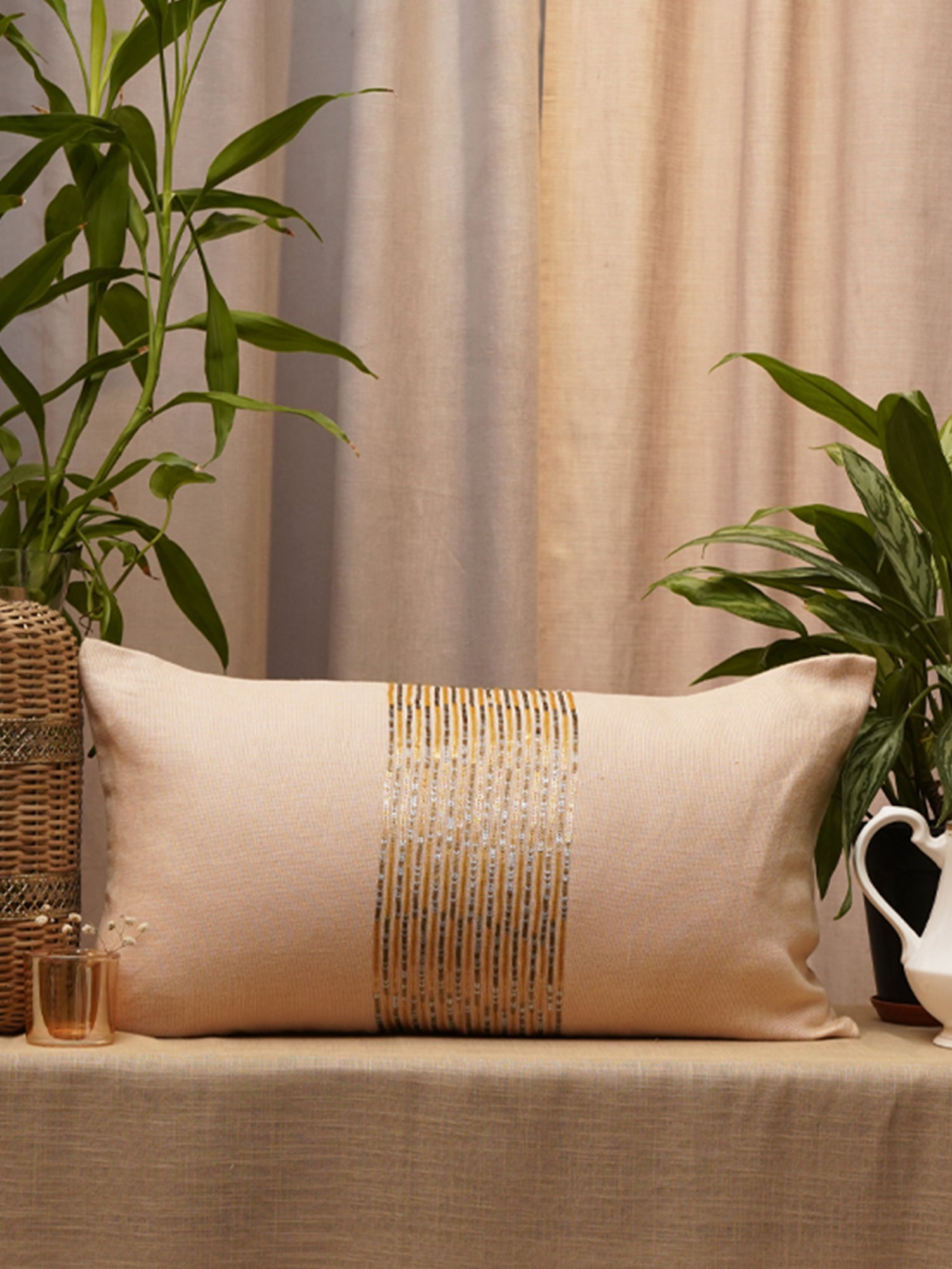 Embroidered Cushion Cover Cotton Sequins Beige - 12" X 22"