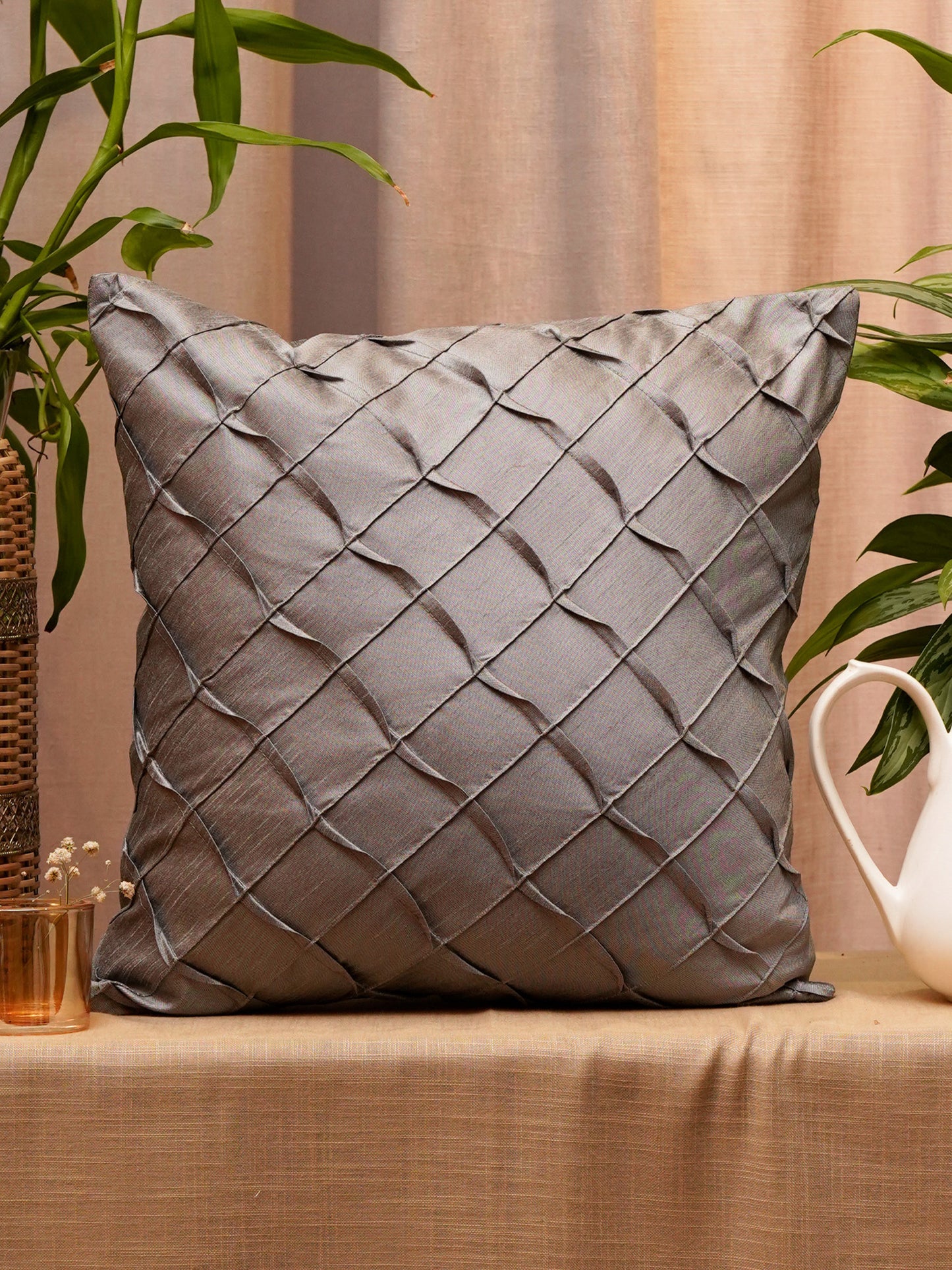 Co-ordinated Cushion Cover Set Of 5 Polyester Multi Embroidered Pleated - 20" X 20", 16" X 16", 12" X 22"