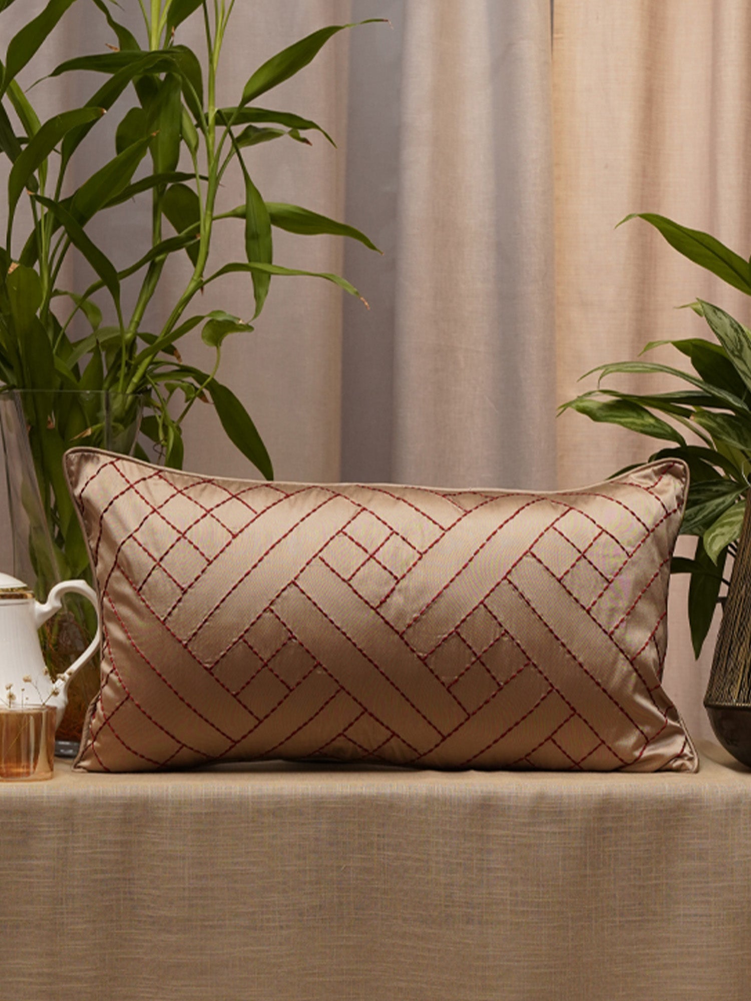 Embroidered Cushion Cover Polyester Brown - 12" X 22"