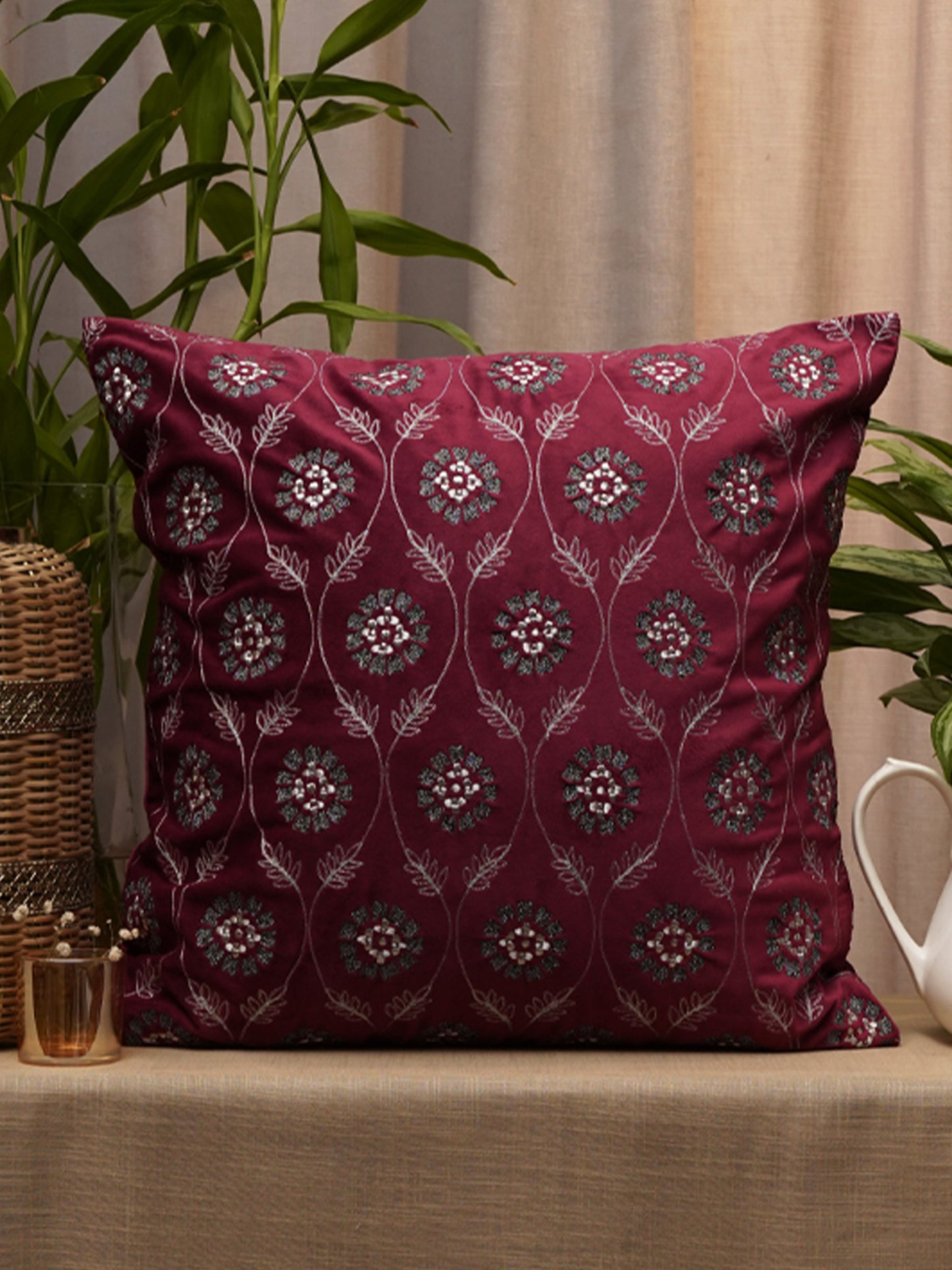 Co-ordinated Embroidered Set of 5 Cushion Cover Velvet Multi Color- 20" X 20", 16" X 16", 12" X 22"