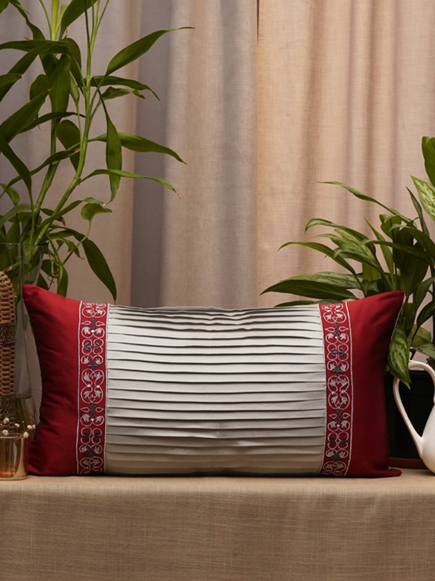 Co-ordinated Embroidered Set of 5 Cushion Cover Velvet Multi Color- 20" X 20", 16" X 16", 12" X 22"