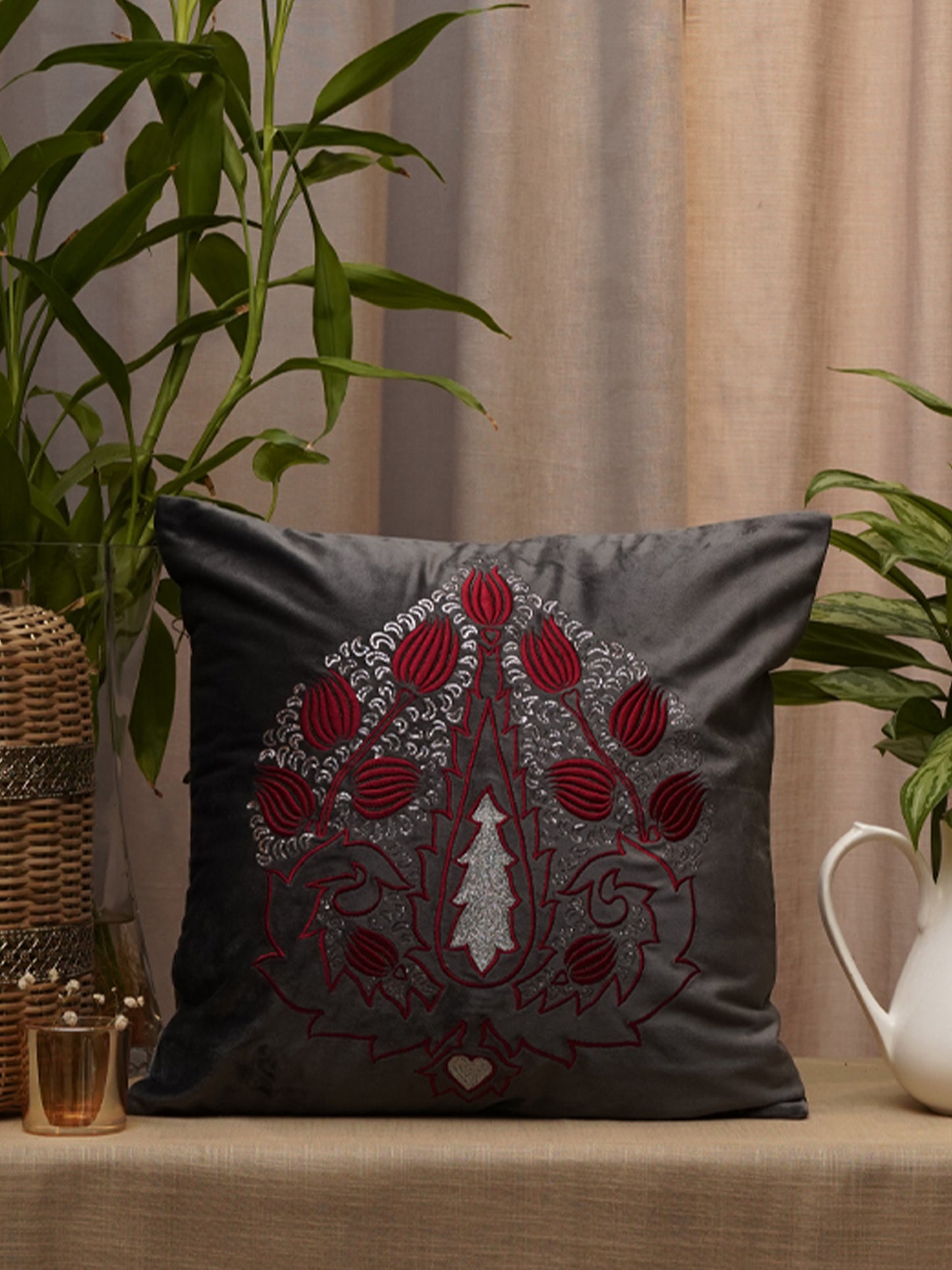 Co-ordinated Embroidered Set of 5 Cushion Cover Velvet Multi Color- 20" X 20", 16" X 16", 12" X 22"