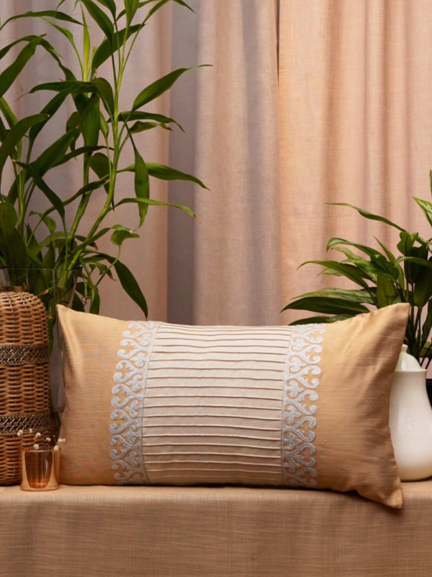 Co-ordinated Cushion Cover Set Of 5 Embroidered, Pintuck Cotton Blend Multi Color - 20" X 20", 16"X 16", 12" X 22"