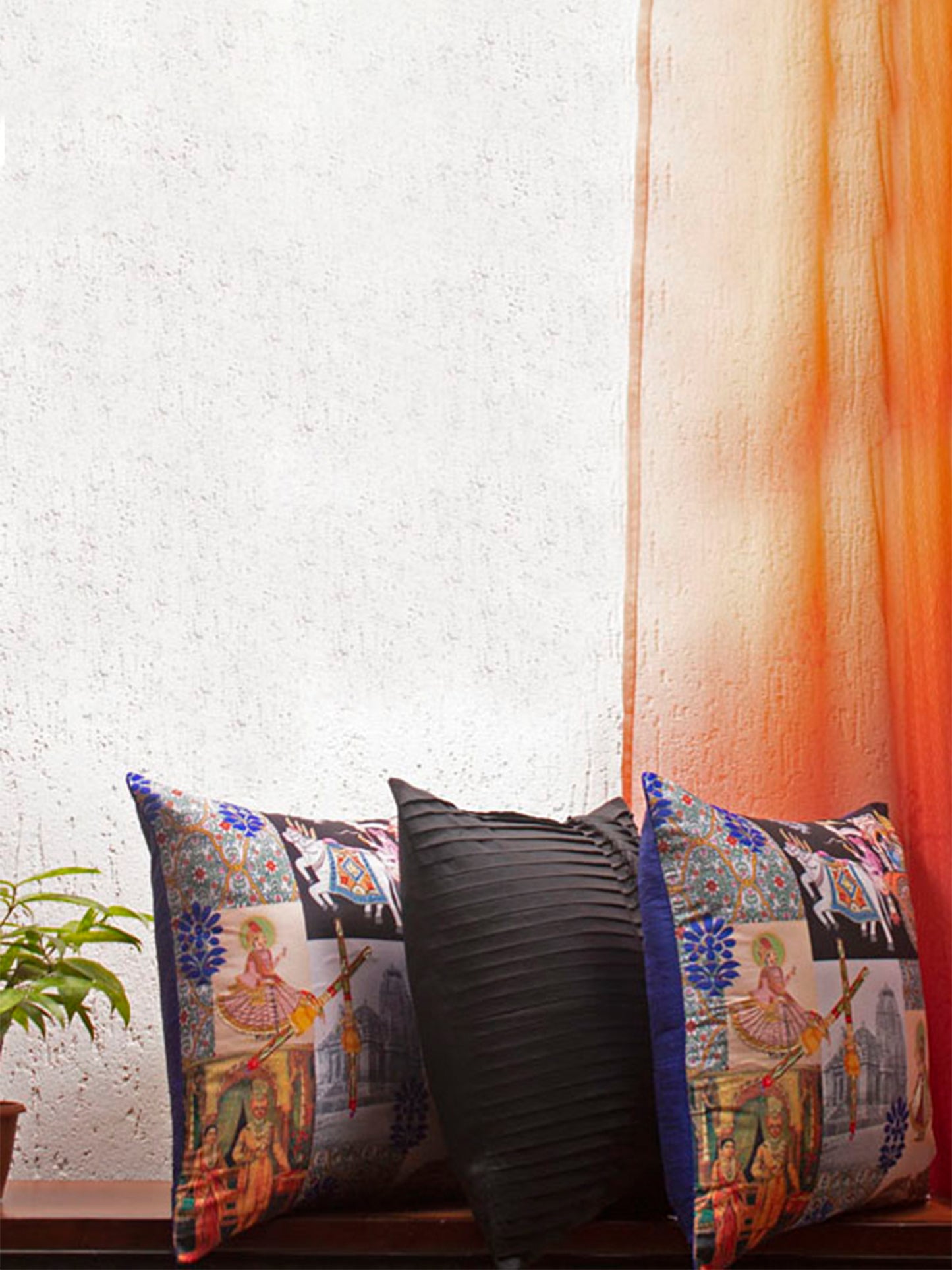 Cushion Cover Set of 3 Polyester Blend Box Pleated And Digital Printed Black - 16" x 16"