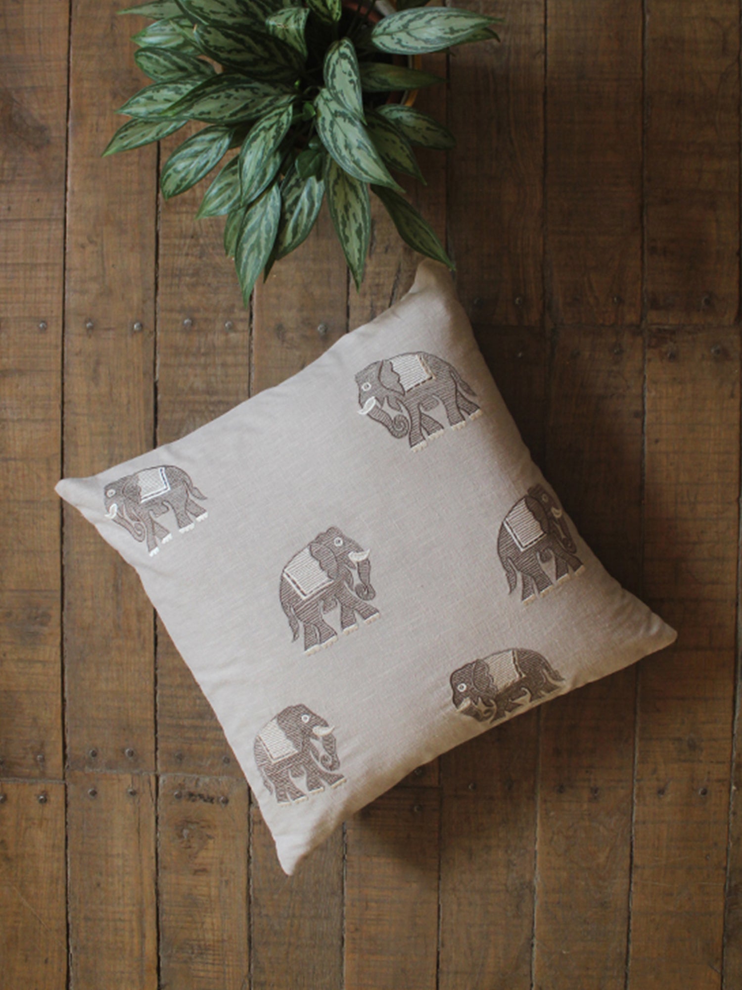 Embroidered Cushion Cover Cotton Blend Beige - 16" X 16"