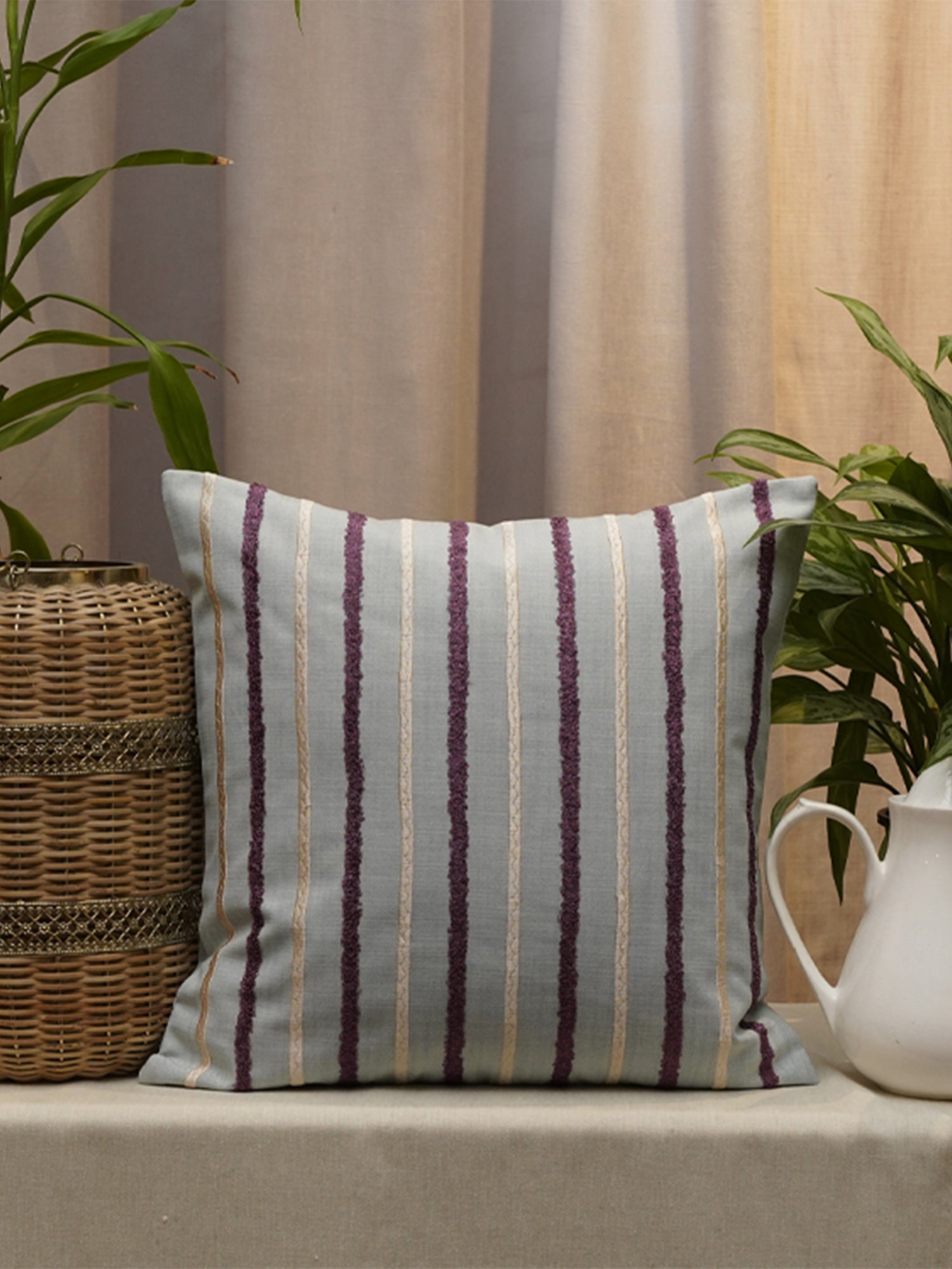 Embroidered Cushion Cover Cotton Blend Striped Light Blue - 16"X16"