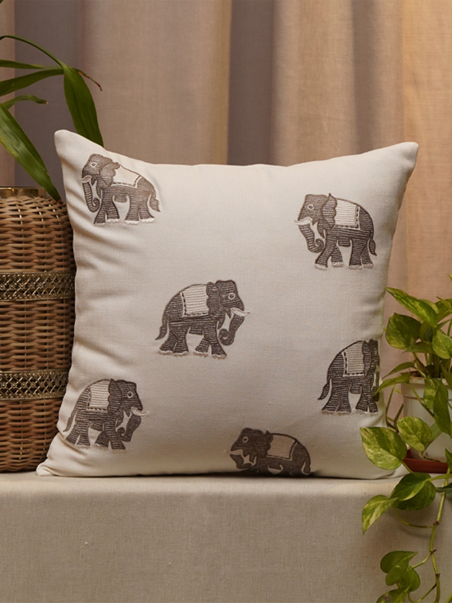 Embroidered Cushion Cover Cotton Blend White - 16" X 16"