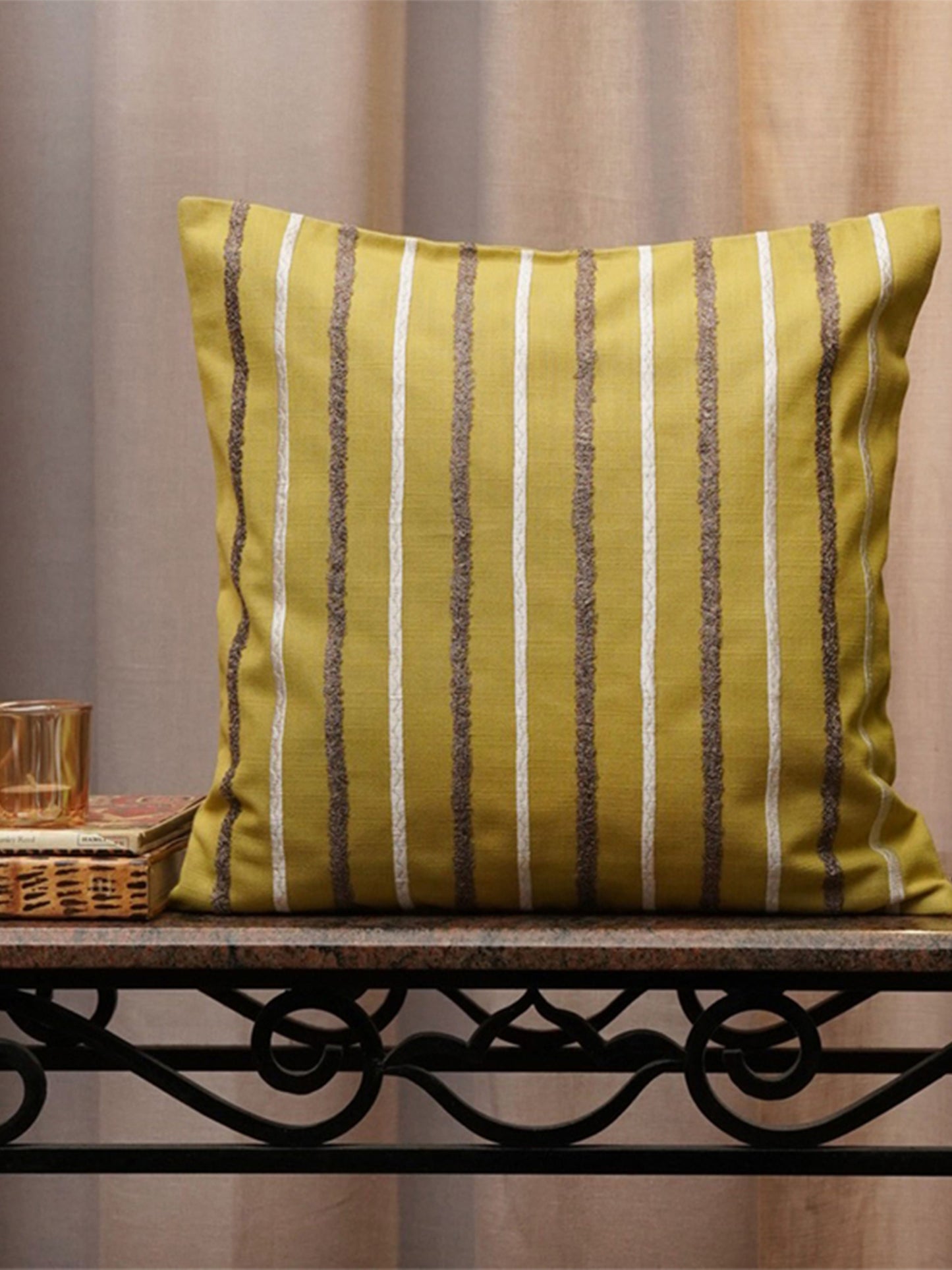 Embroidered Cushion Cover Cotton Blend Striped Light Blue - 16"X16"
