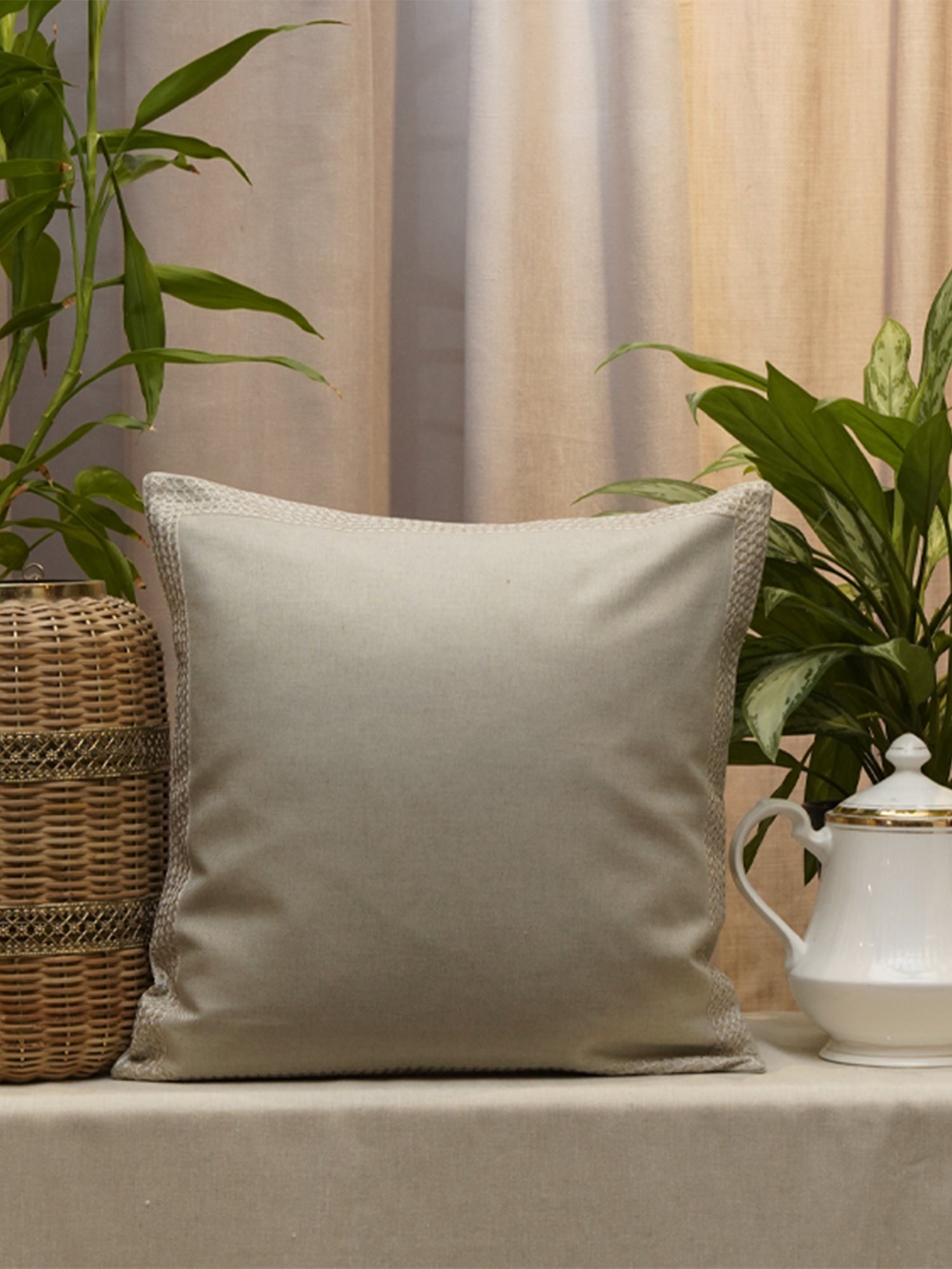 Embroidered Cushion Cover Polyester Blend Beige - 16" X 16"