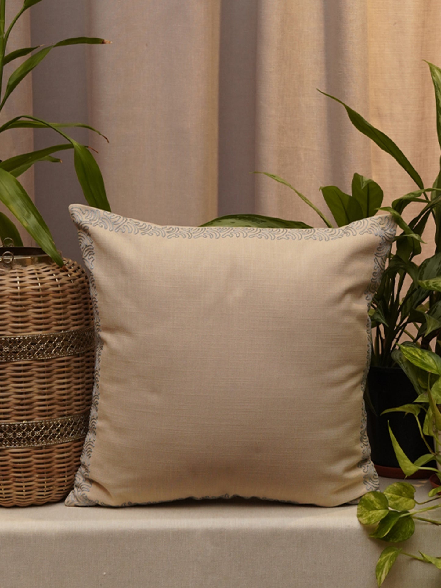 Embroidered Cushion Cover Cotton Linen Striped White - 16" X 16"