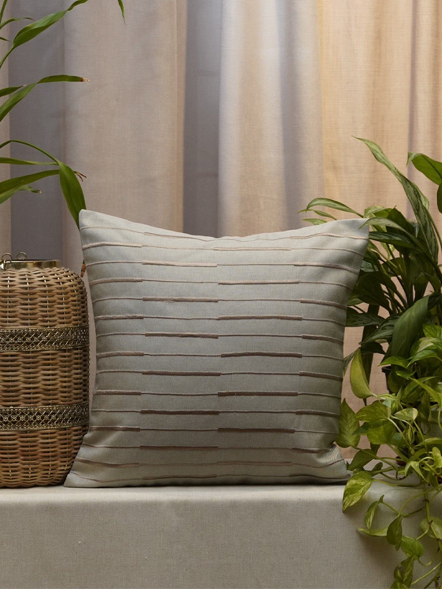 Embroidered Cushion Cover Polyester Blend Striped Light Beige - 16" X 16"