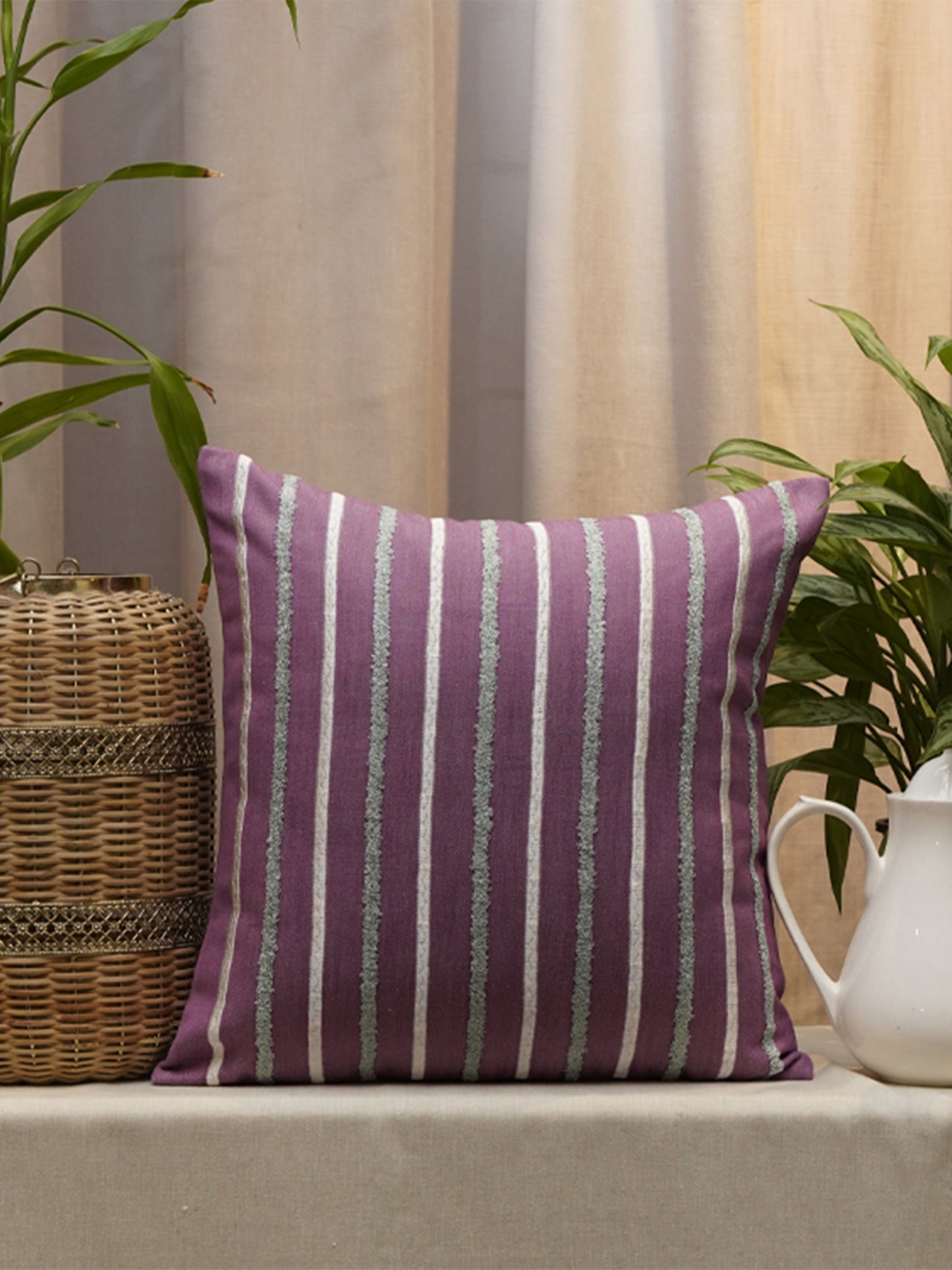 Embroidered Cushion Cover Cotton Blend Striped Light Blue - 16"X16"