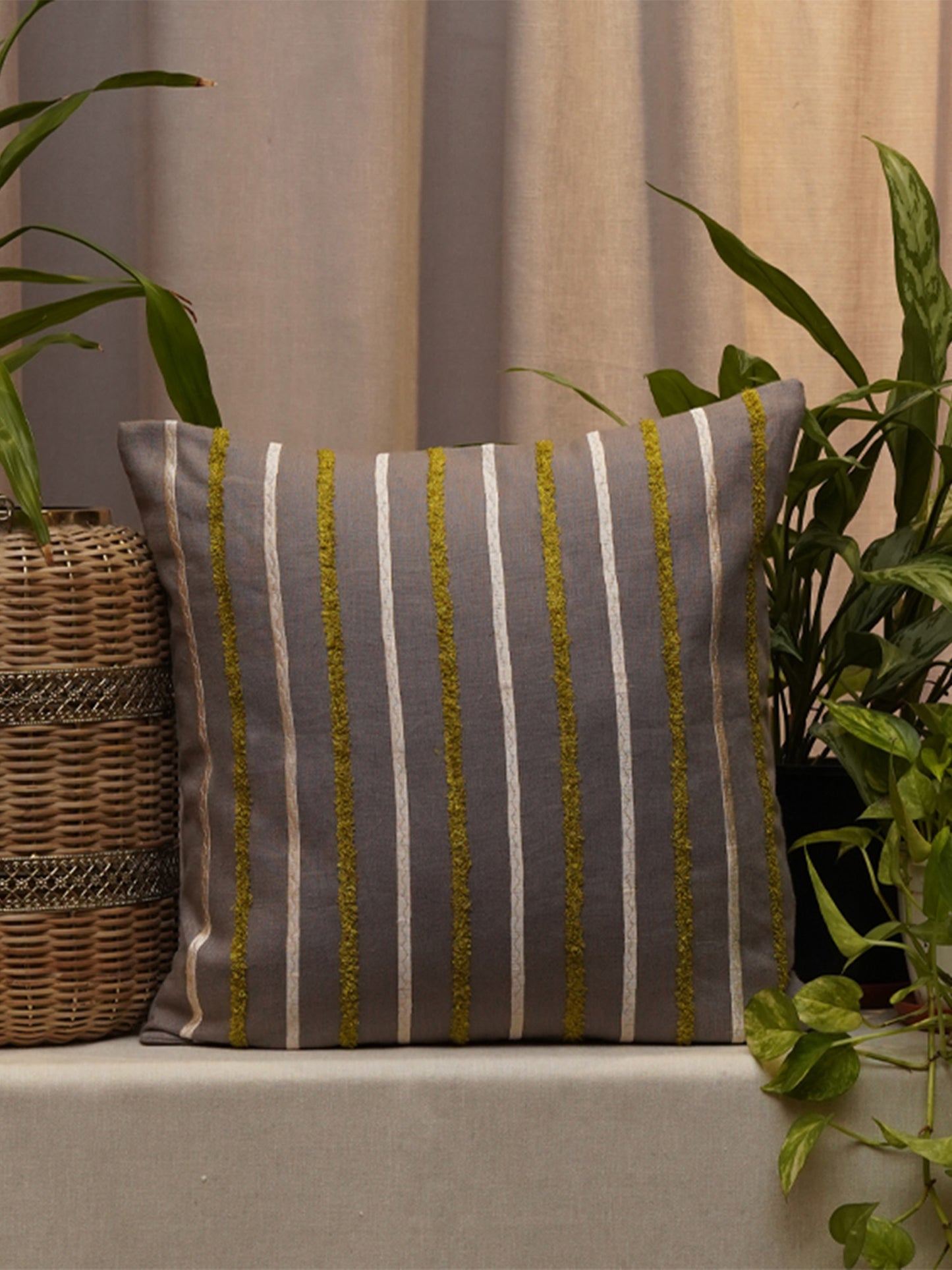 Embroidered Cushion Cover Cotton Blend Striped Light Blue - 16"X16"