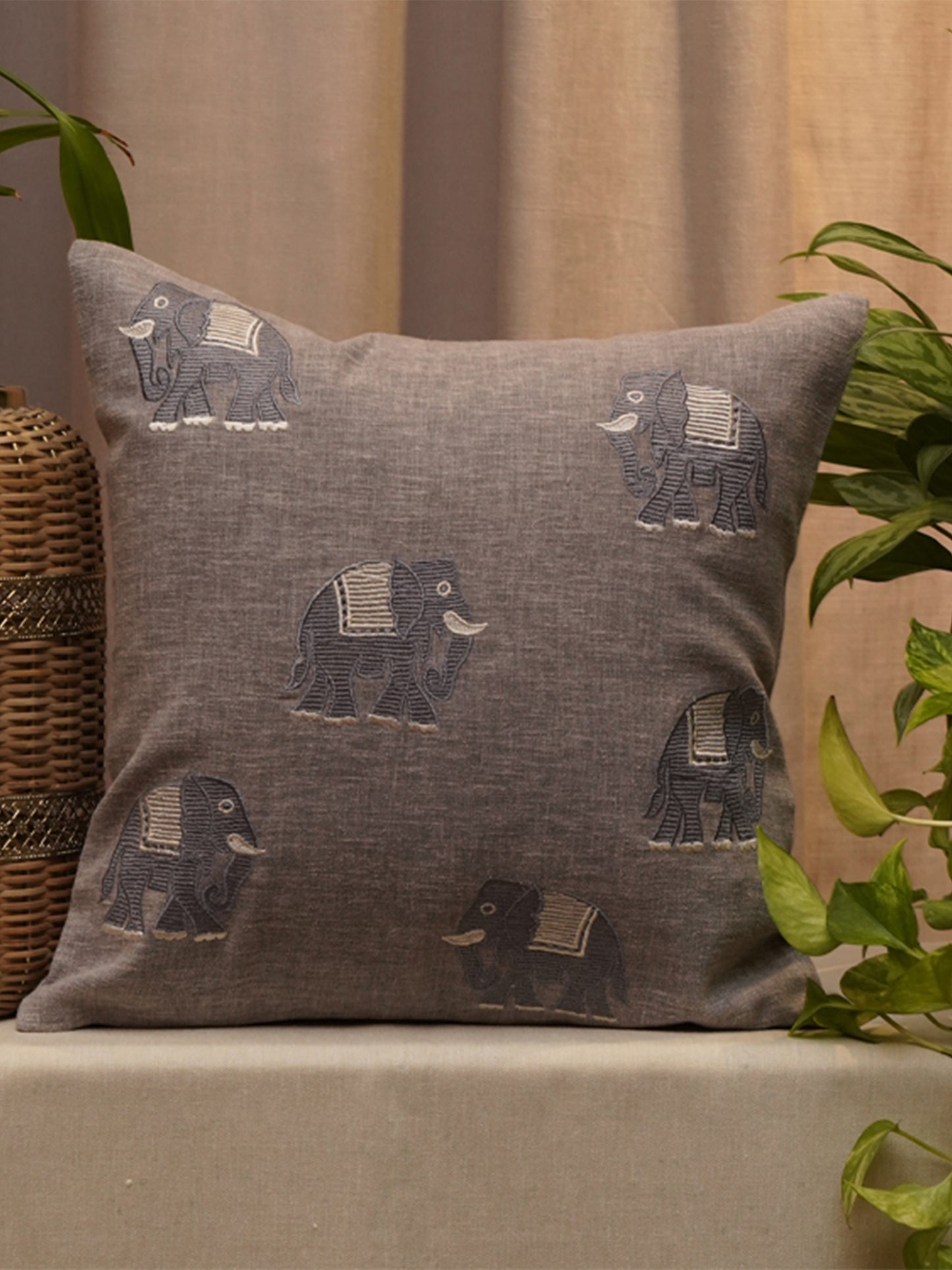 Embroidered Cushion Cover Cotton Blend Beige - 16" X 16"