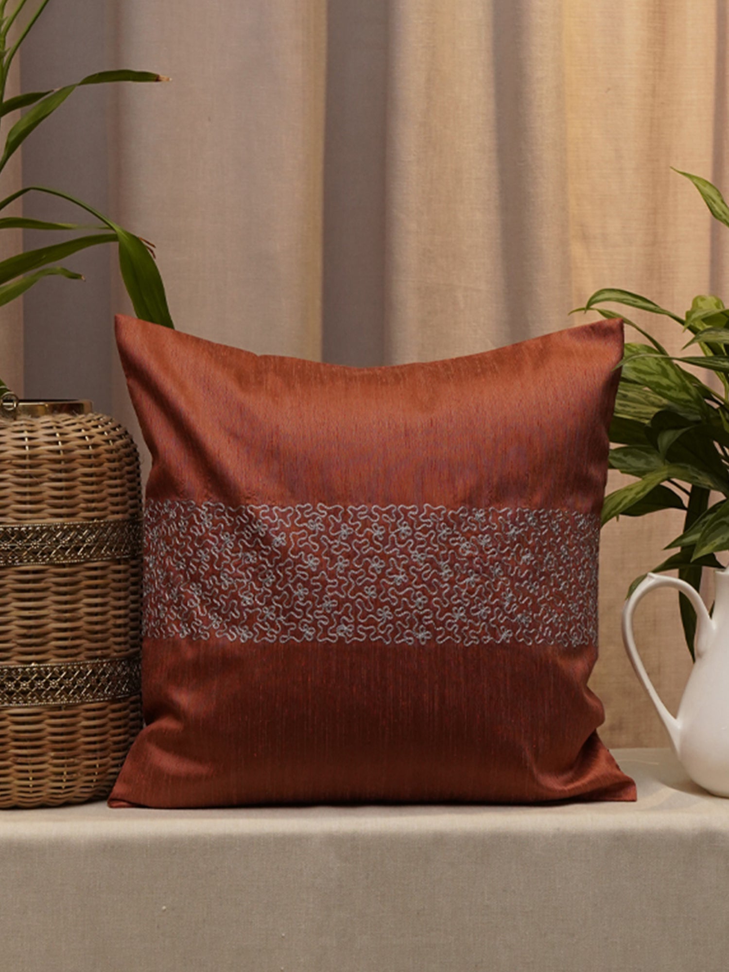 Embroidered Cushion Cover Polyester Blend Rust - 16" X 16"