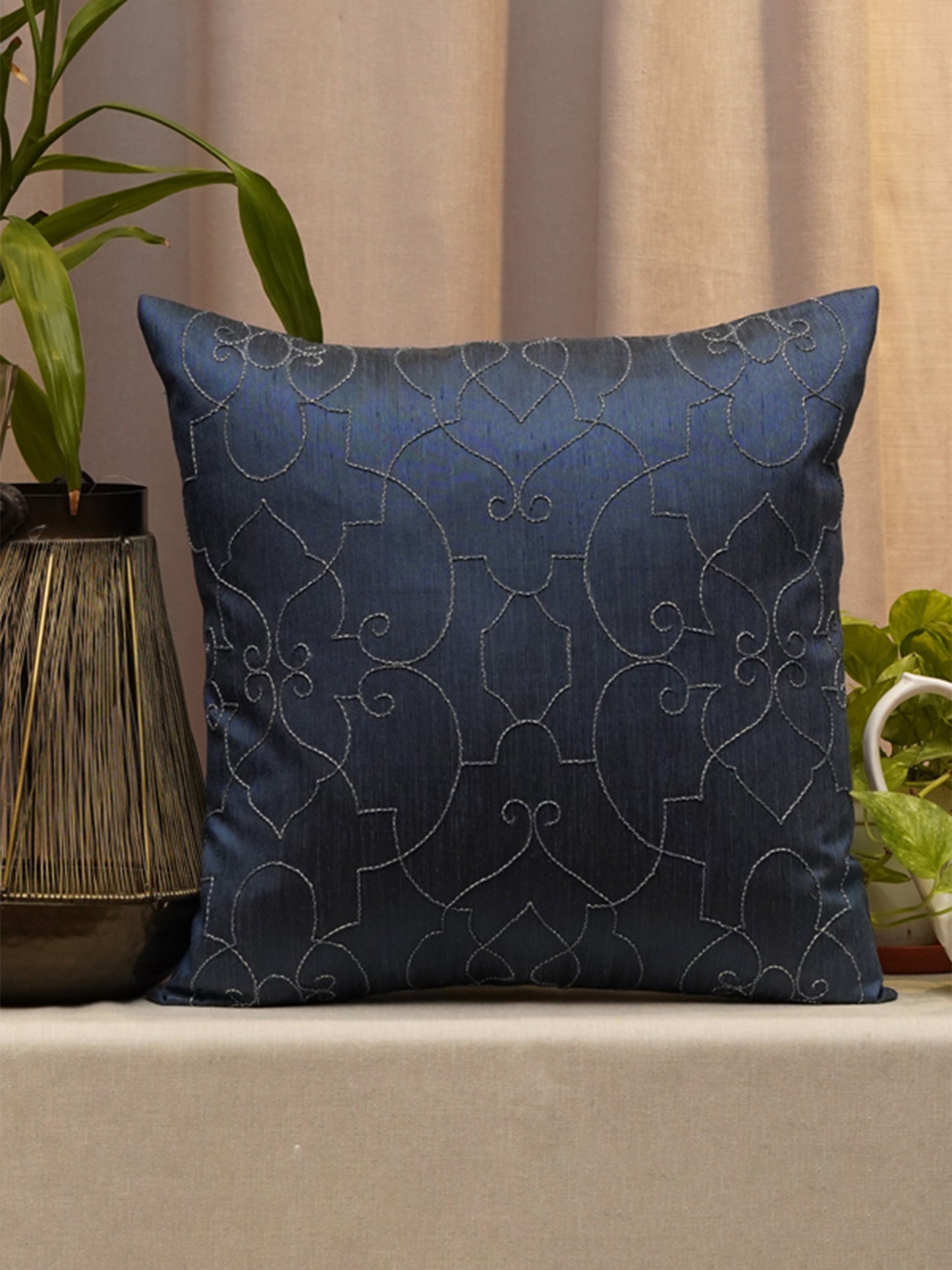 Embroidered Cushion Cover Polyester Blend Digital Printed Grey - 16" X 16"