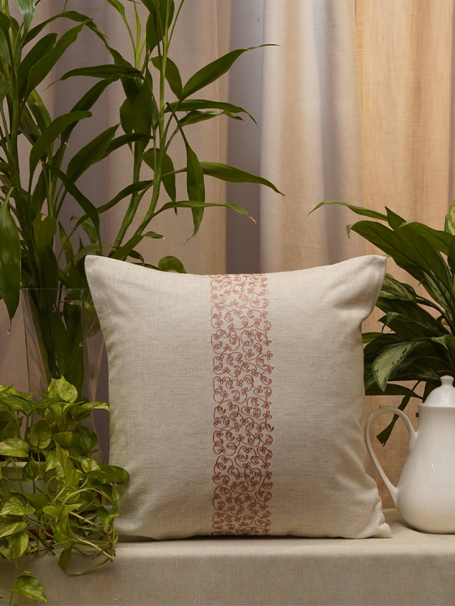 Embroidered Cushion Cover Cotton Blend Off White - 16" X 16"