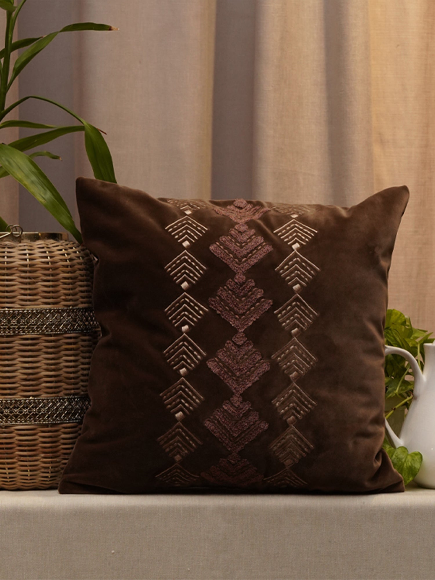 Embroidered Cushion Cover Cotton Blend & Polyester Blend Brown 0 - 16" X 16"