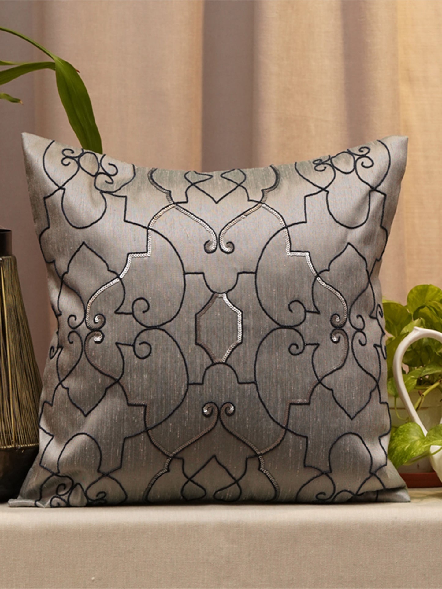 Embroidered Cushion Cover Polyester Blend Digital Printed Grey - 16" X 16"