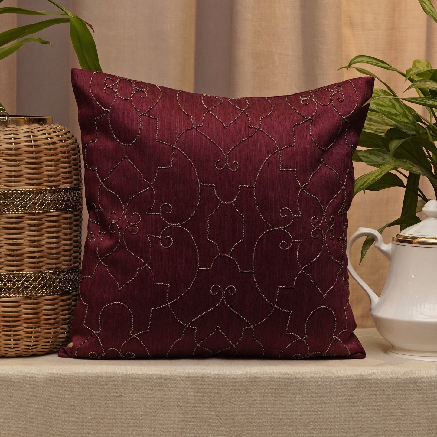 Co-ordinated Cushion Cover Set Of 5 Polyester Blend Embroidered Multi Color -16" x 16"