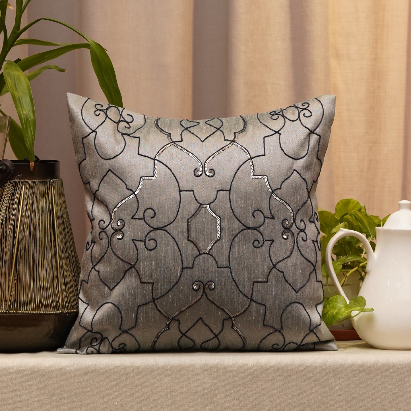 Co-ordinated Cushion Cover Set Of 5 Polyester Blend Embroidered Multi Color -16" x 16"