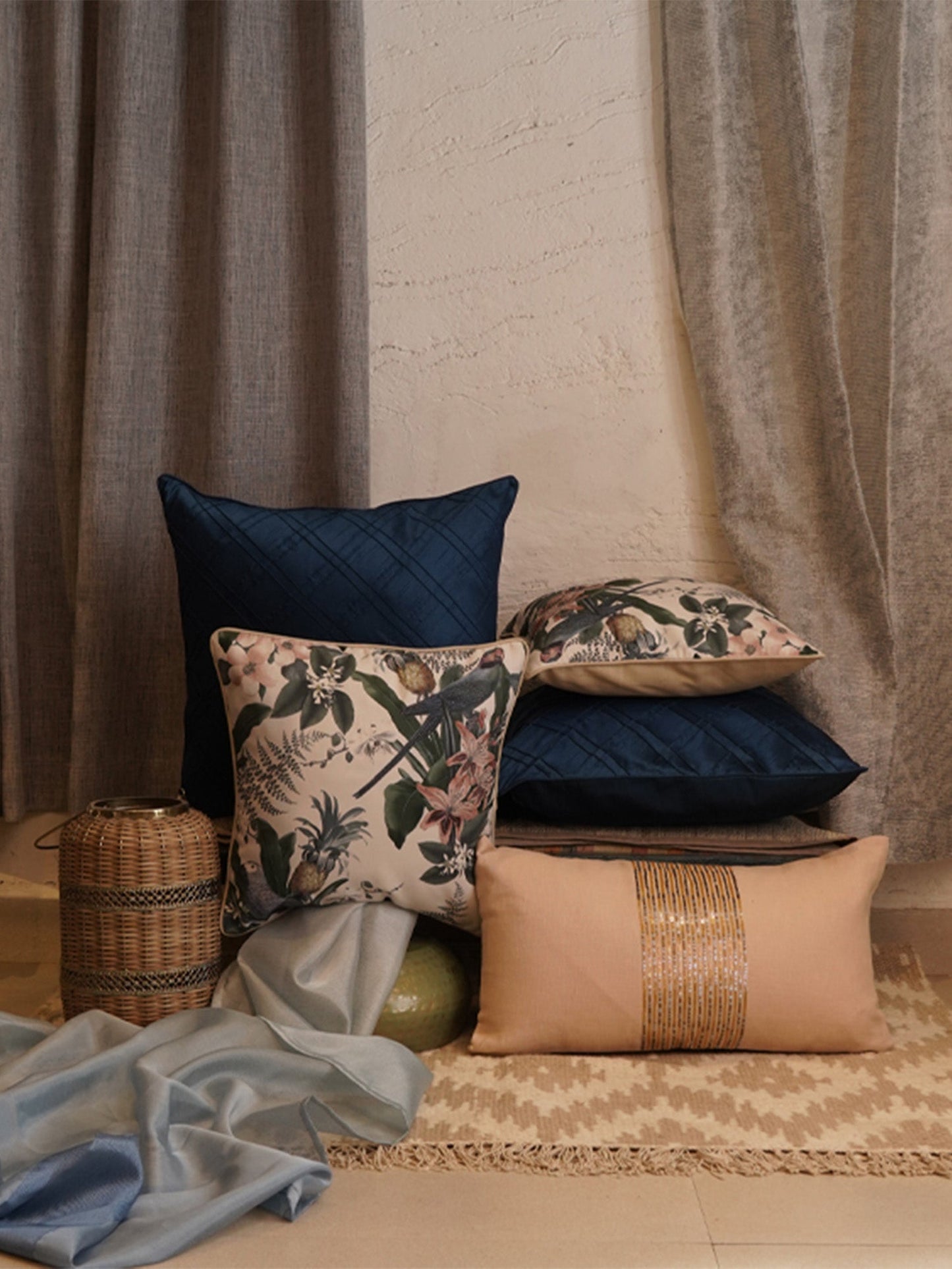 Co-ordinated Cushion Cover Set Of 5 Cotton Blend, Polycanvas, Polyester Multi - 20" X 20", 16" X 16", 12" X 22"