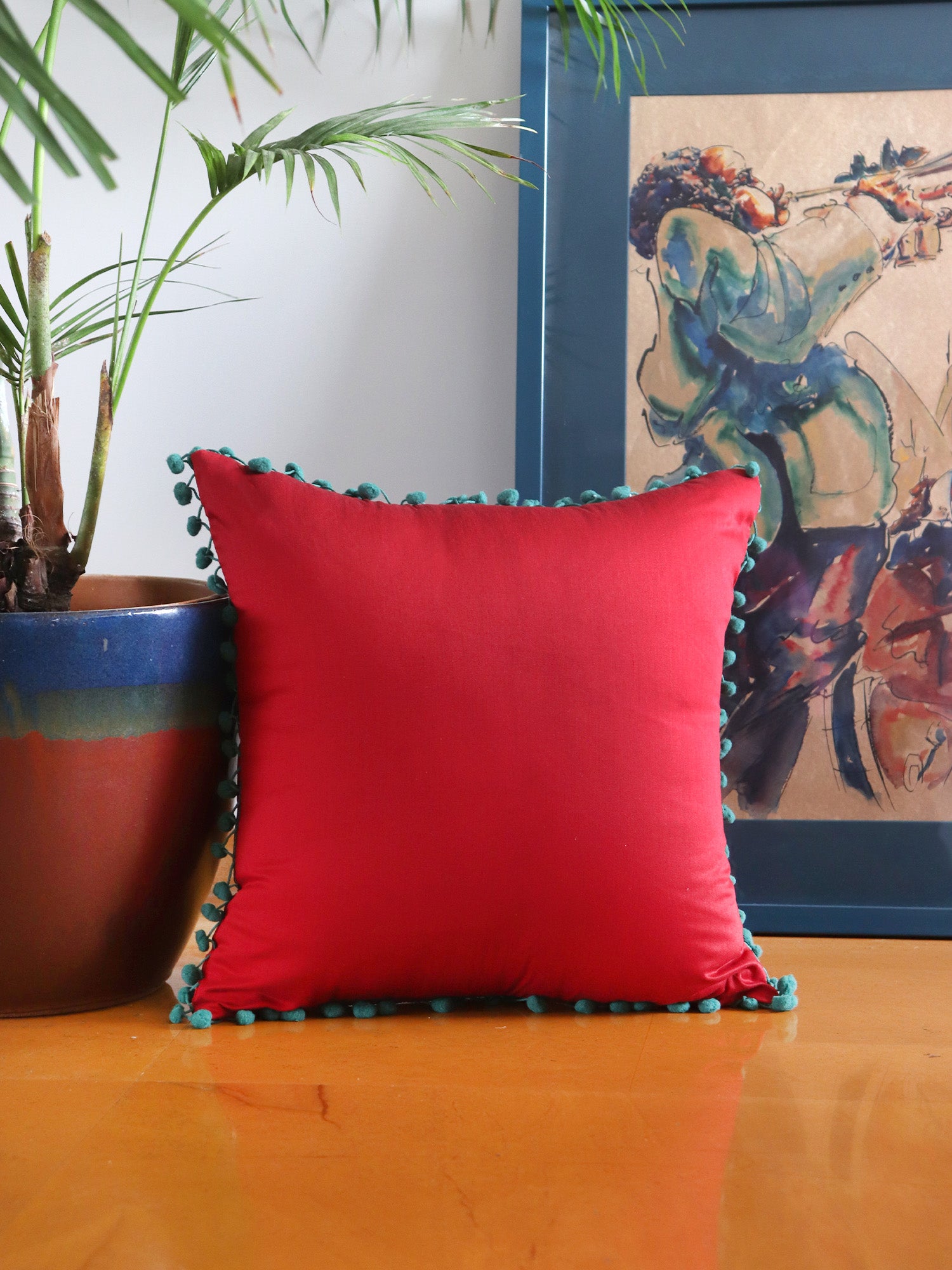 Pom Pom Cushion Cover Polyester Blend Solid Red - 16" x 16"