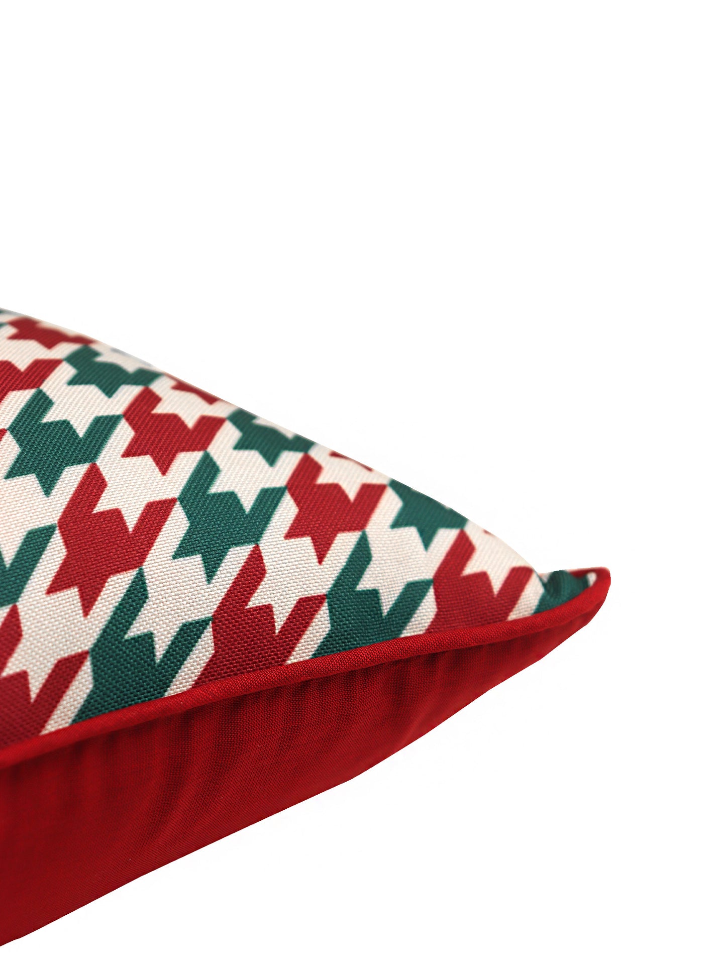 Printed Cushion Cover with Cord Piping Houndstooth Cotton Polyester Red Green White- 12" x 22"