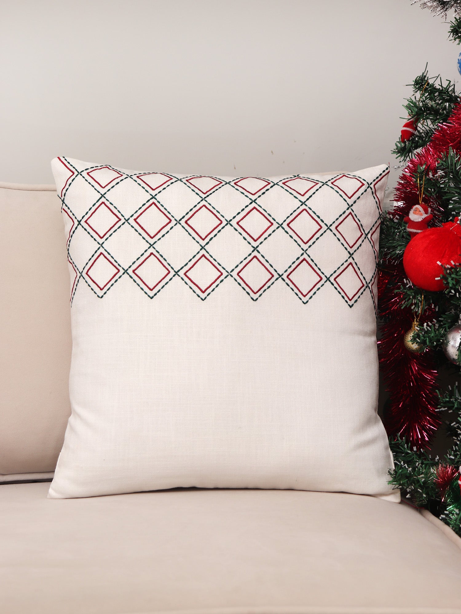 Embroidery Chawal taka Cushion Cover with Lines Cotton Blend White - 16" x 16"
