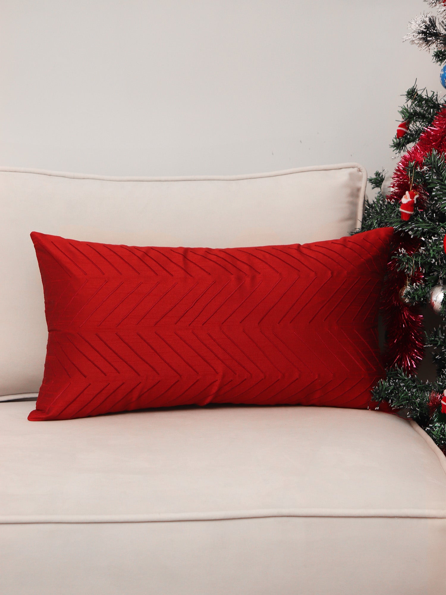 Line Embroidered Cushion Cover Polyester Blend Red - 12" x 22"