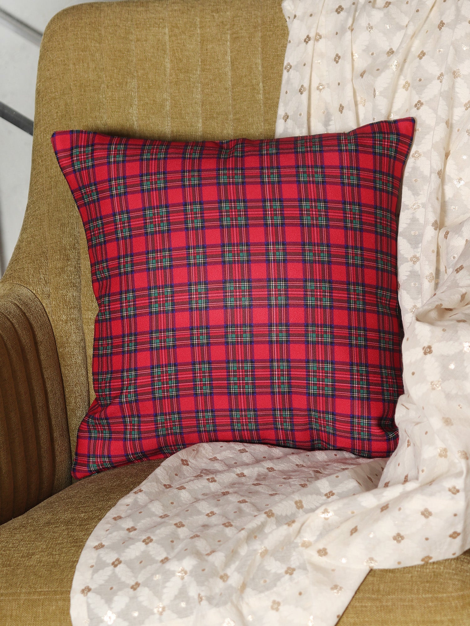 Reversible Cushion Cover Polycanvas Digital print Checks Red - 16" X 16"