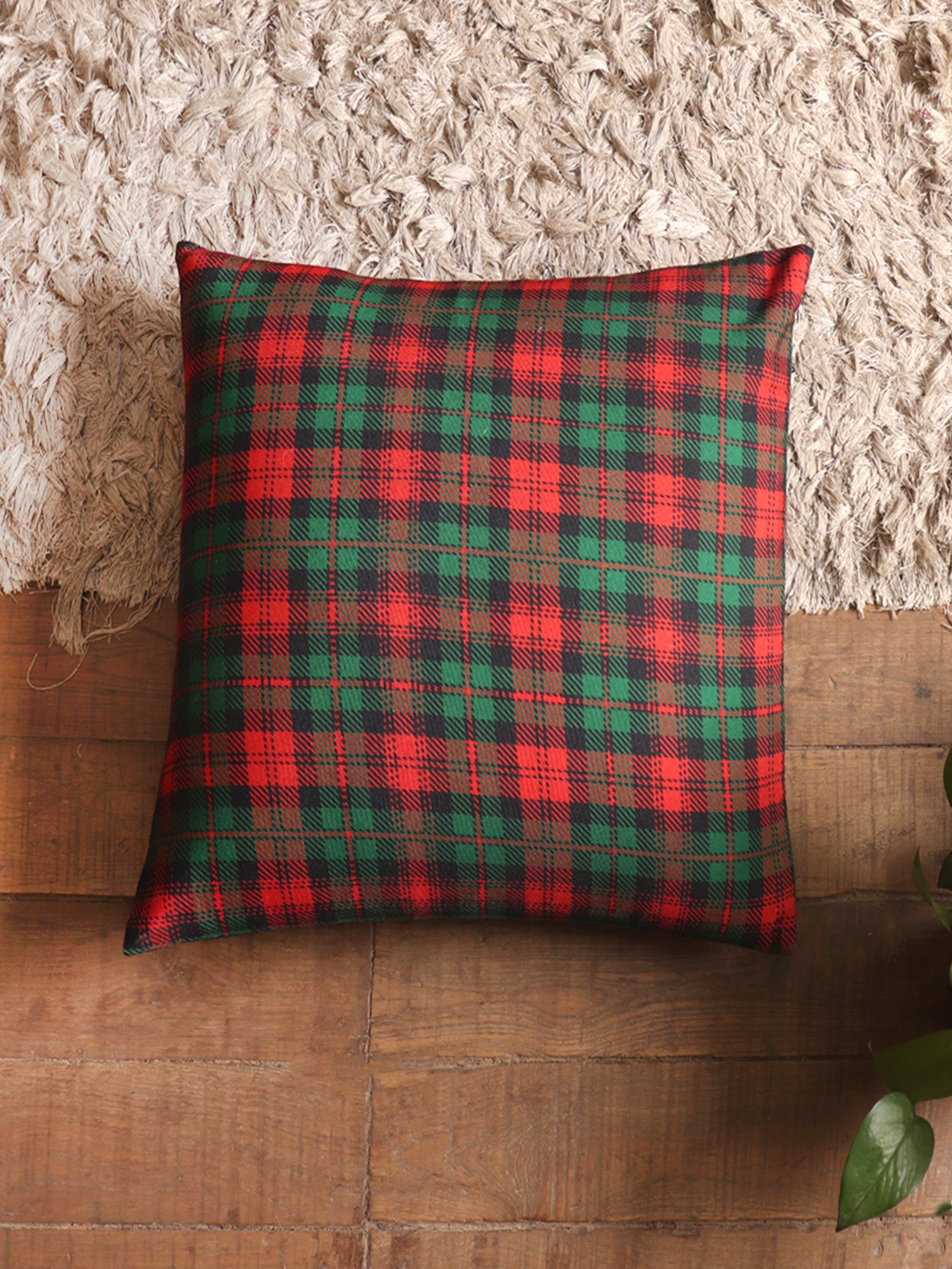 Reversible Cushion Cover Polycanvas Digital print Checks Green - 16" X 16"