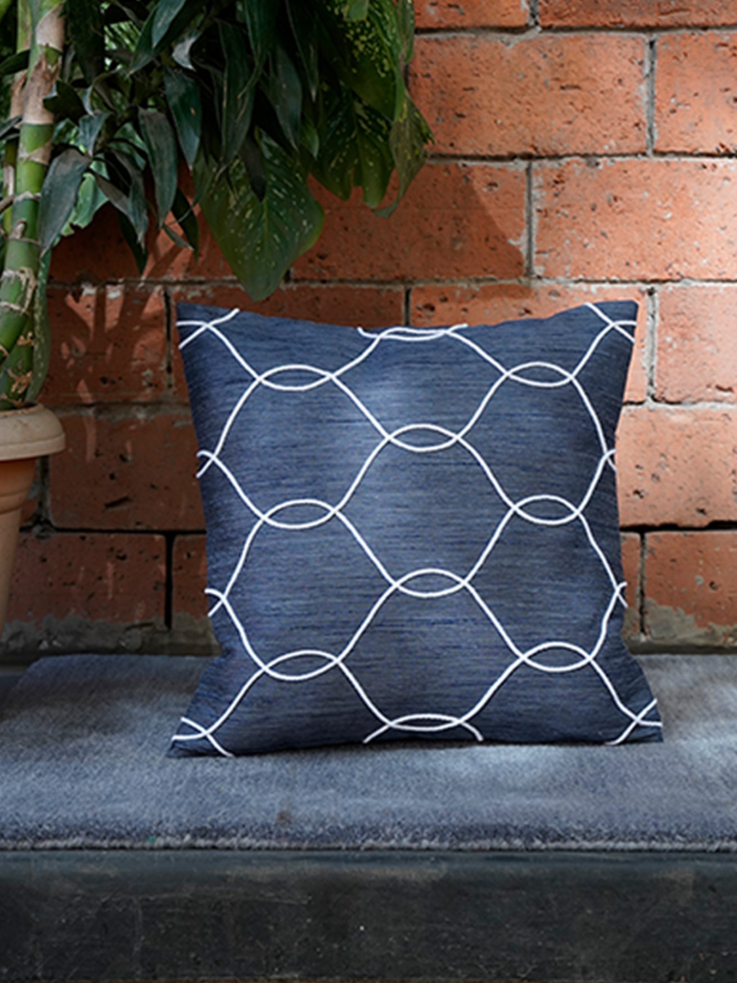 Cushion Cover Polyster Blend Abstract Embroidered Blue - 16" X 16"
