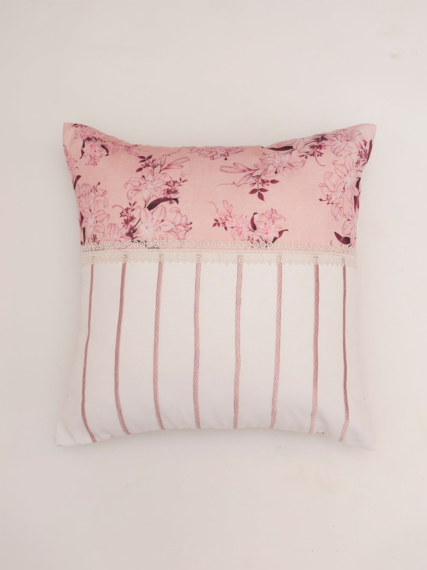 Cushion Cover Poly Canvas Floral Patchwork with Embroidery Pink - 18" X 18"