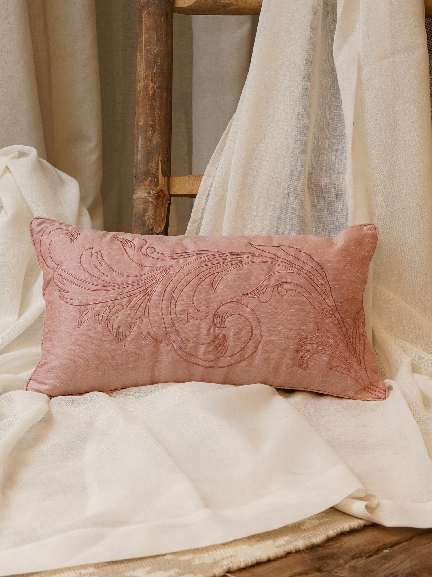 Cushion Cover Polyester Blend Cord Piping and Quilting with Embroidery Pink - 12" X 22"