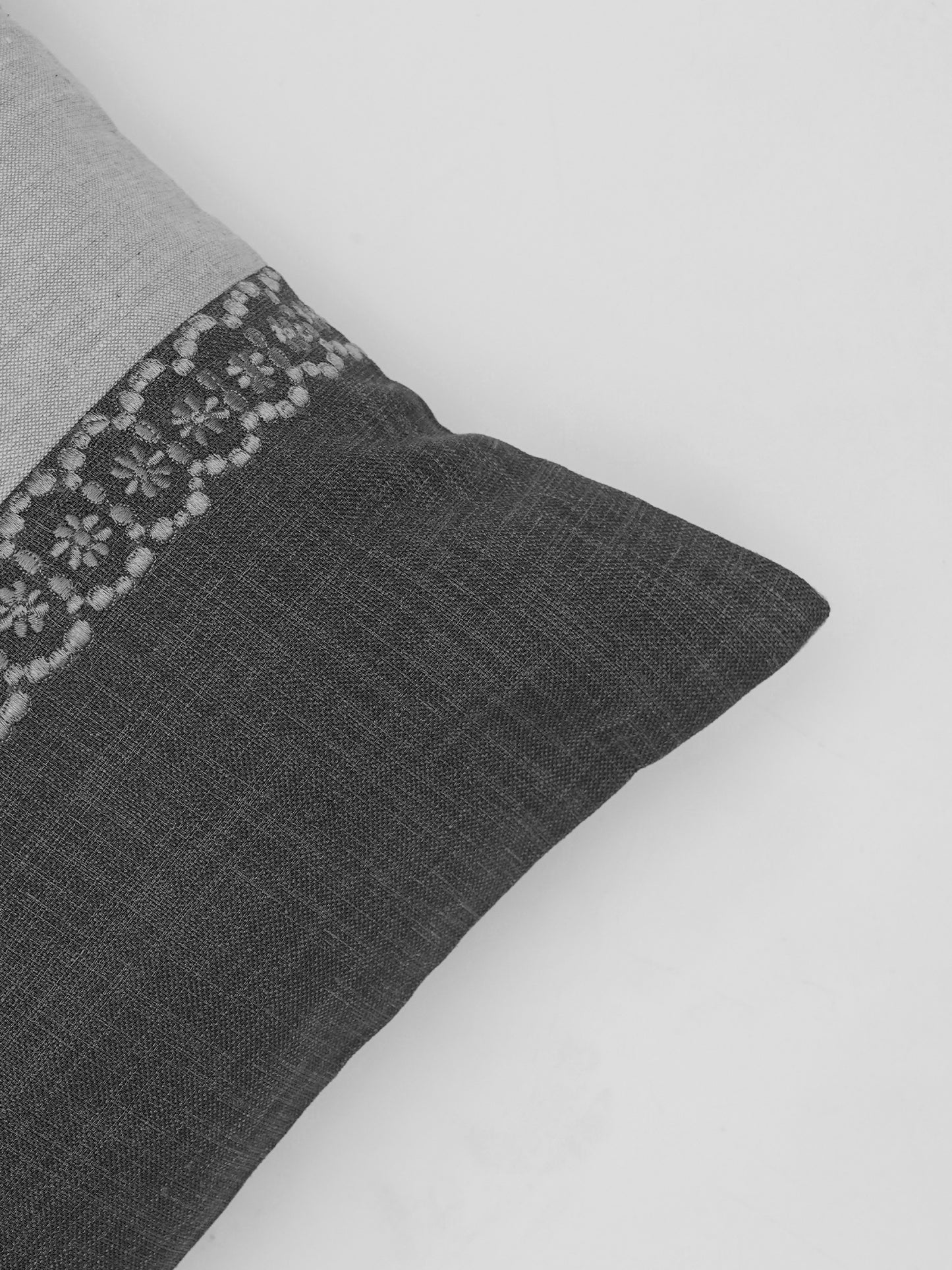 Cushion Cover Cotton Blend Patchwork with Embroidery Grey - 12" X 22"
