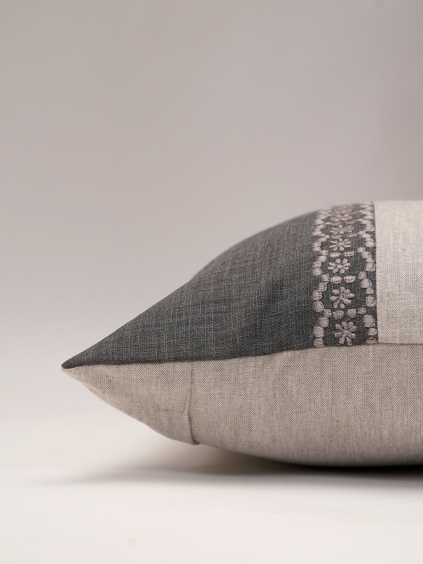 Cushion Cover Cotton Blend Patchwork with Embroidery Grey - 12" X 22"