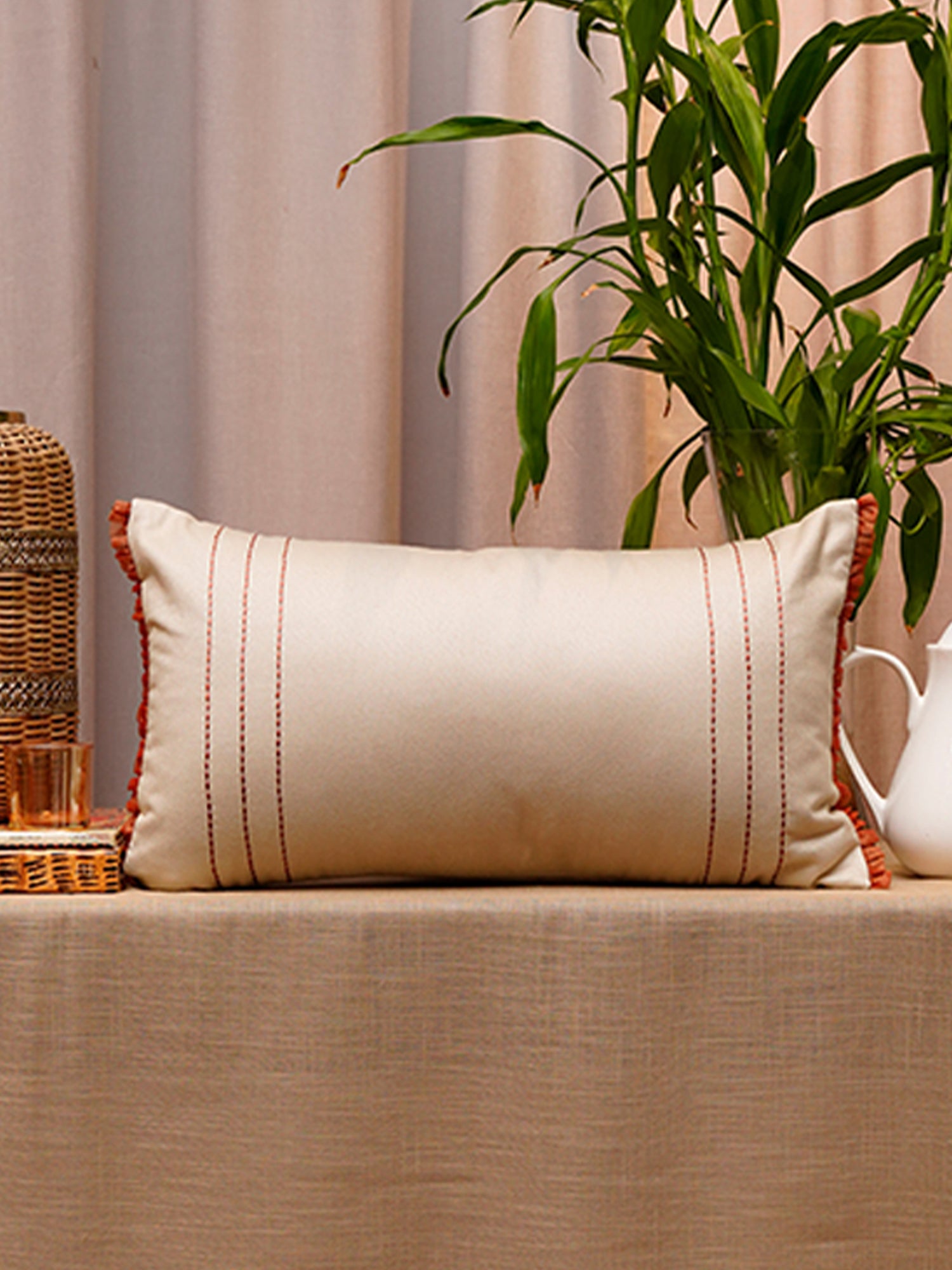 Cushion Covers Embroidered with Frills Geometric Beige - 12" X 22"
