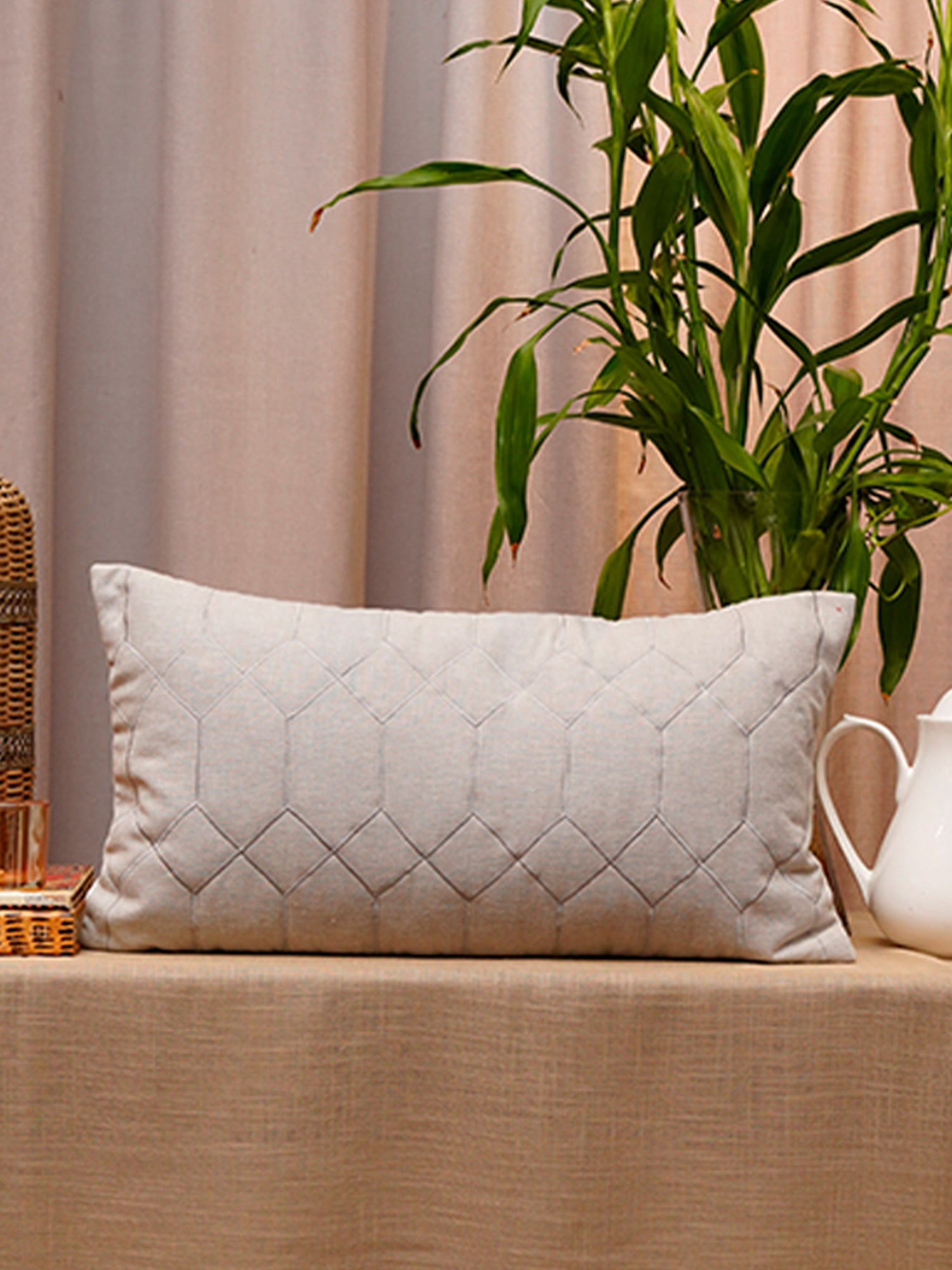 Cushion Cover Cotton Blend Geometric Quilted with Embroidery Grey - 12" X 22"