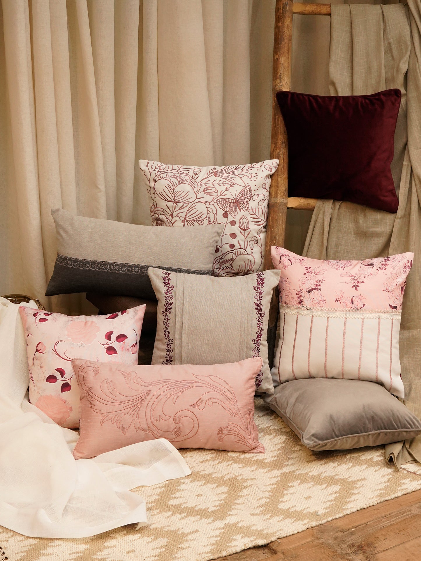Cushion Covers Set Of 7 Embroidered Patchwork Multi color - 12" X 22", 16" X 16", 18" X 18"