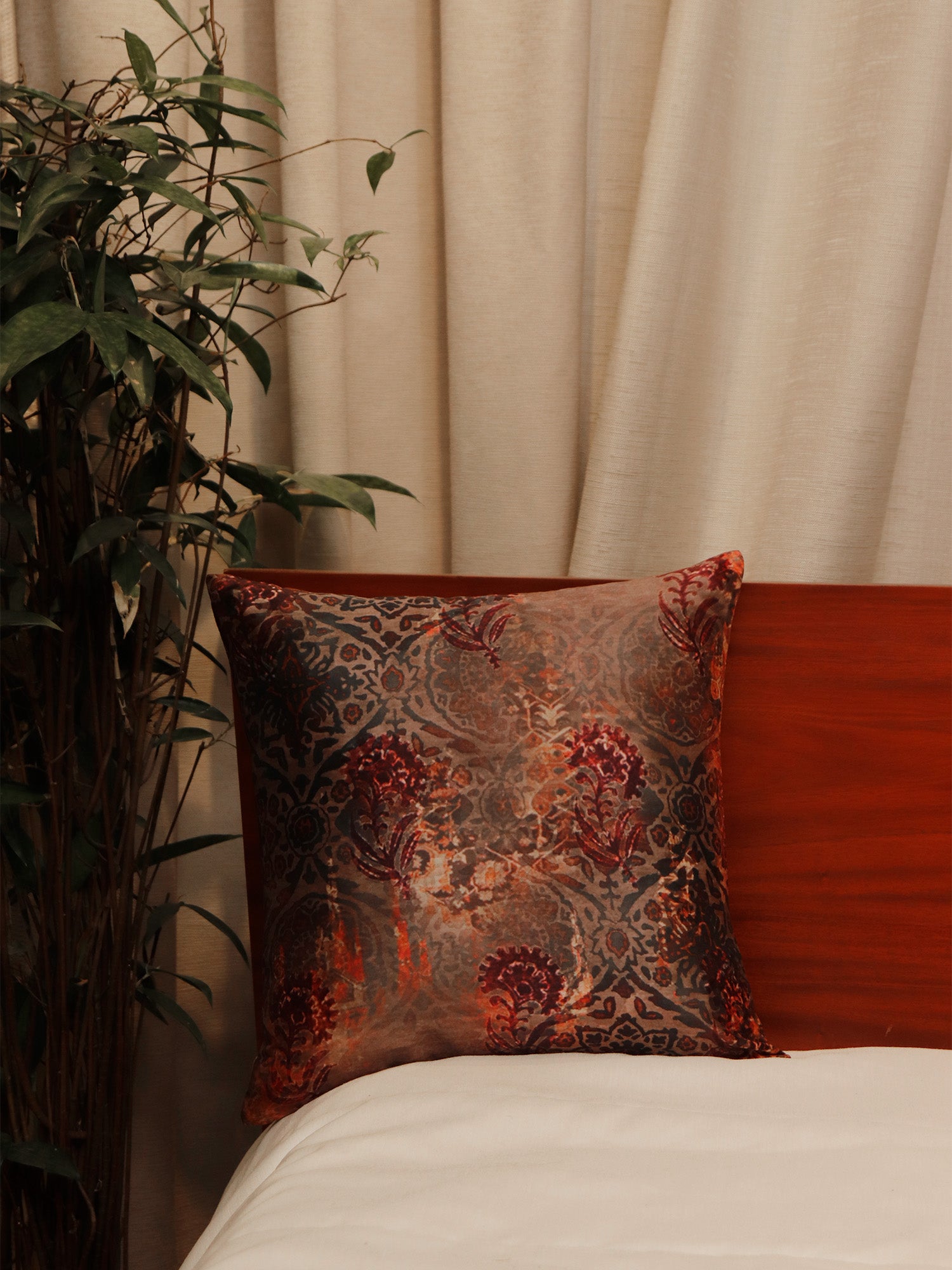 Cushion Cover Printed Poly Canvas Mughal Brown Red - 16" X 16"