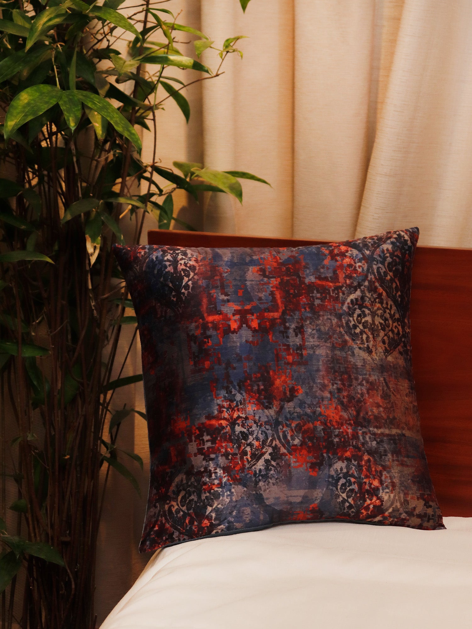 Cushion Cover Printed Taffeta Contemporary Print Blue Maroon - 16" X 16"