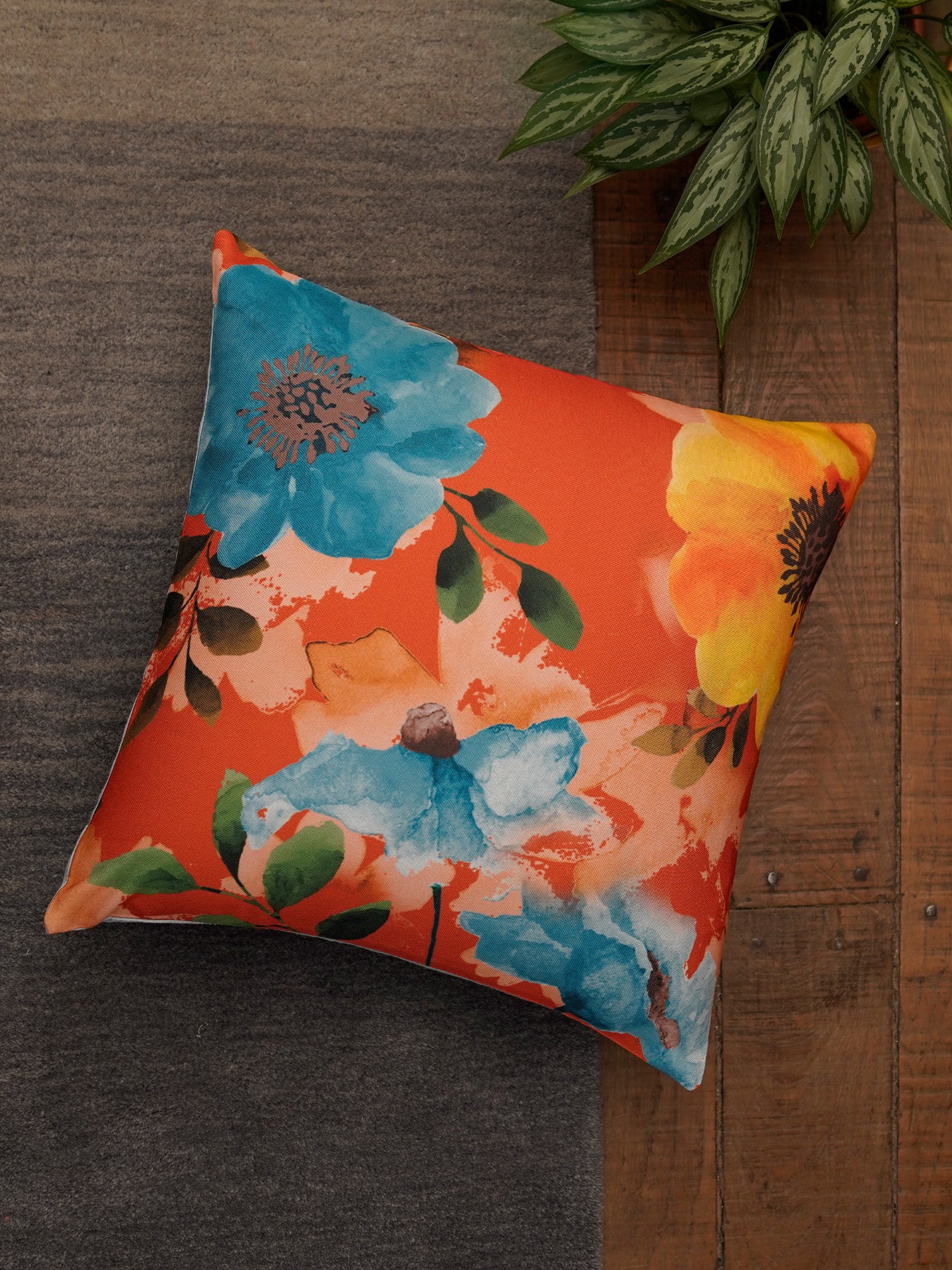 Cushion Cover Polycanvas Watercolor Floral Ocher Grey - 16" X 16"