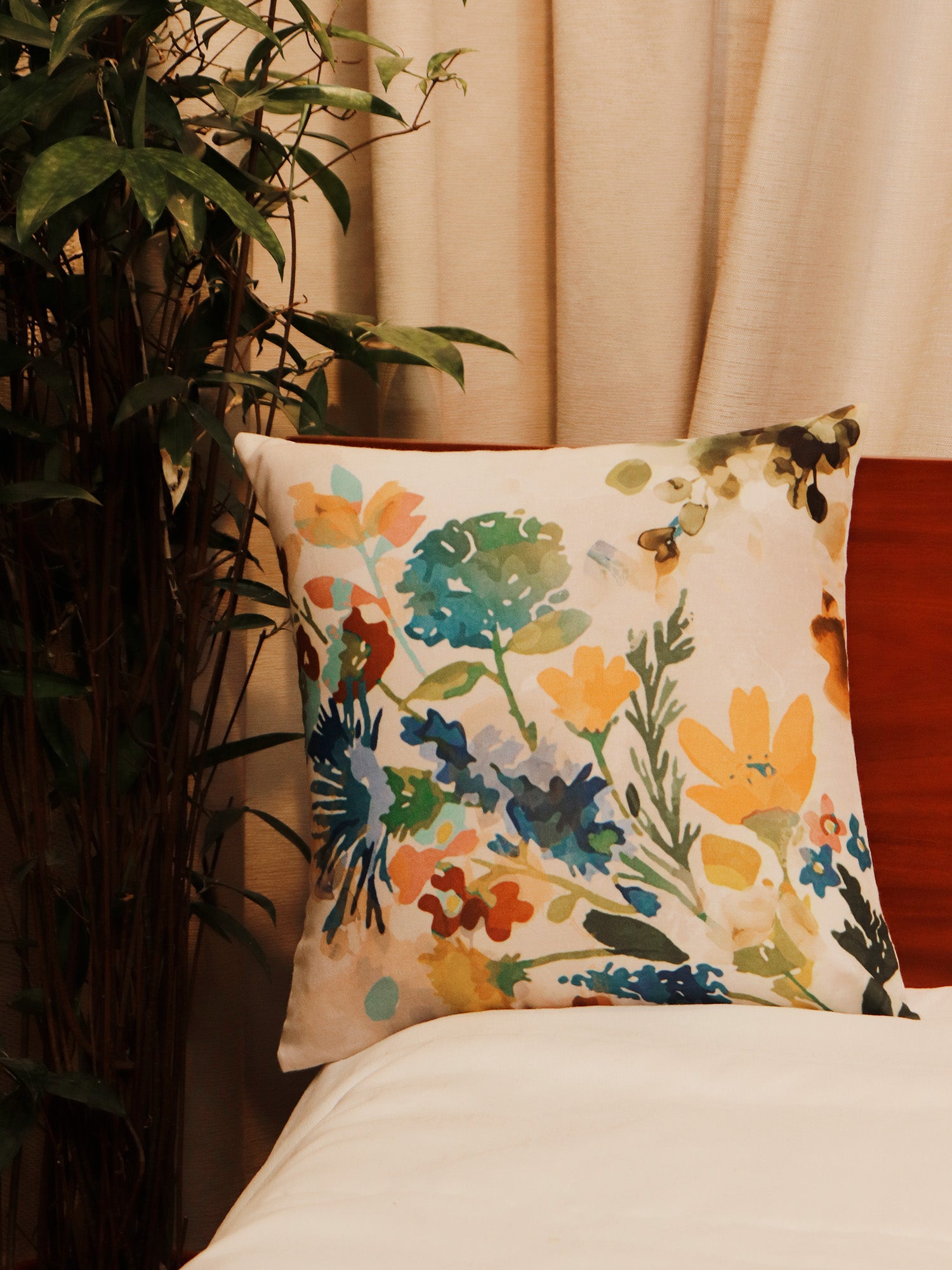 Cushion Cover Printed Poly Canvas Watercolor Florals Beige - 16"x16"