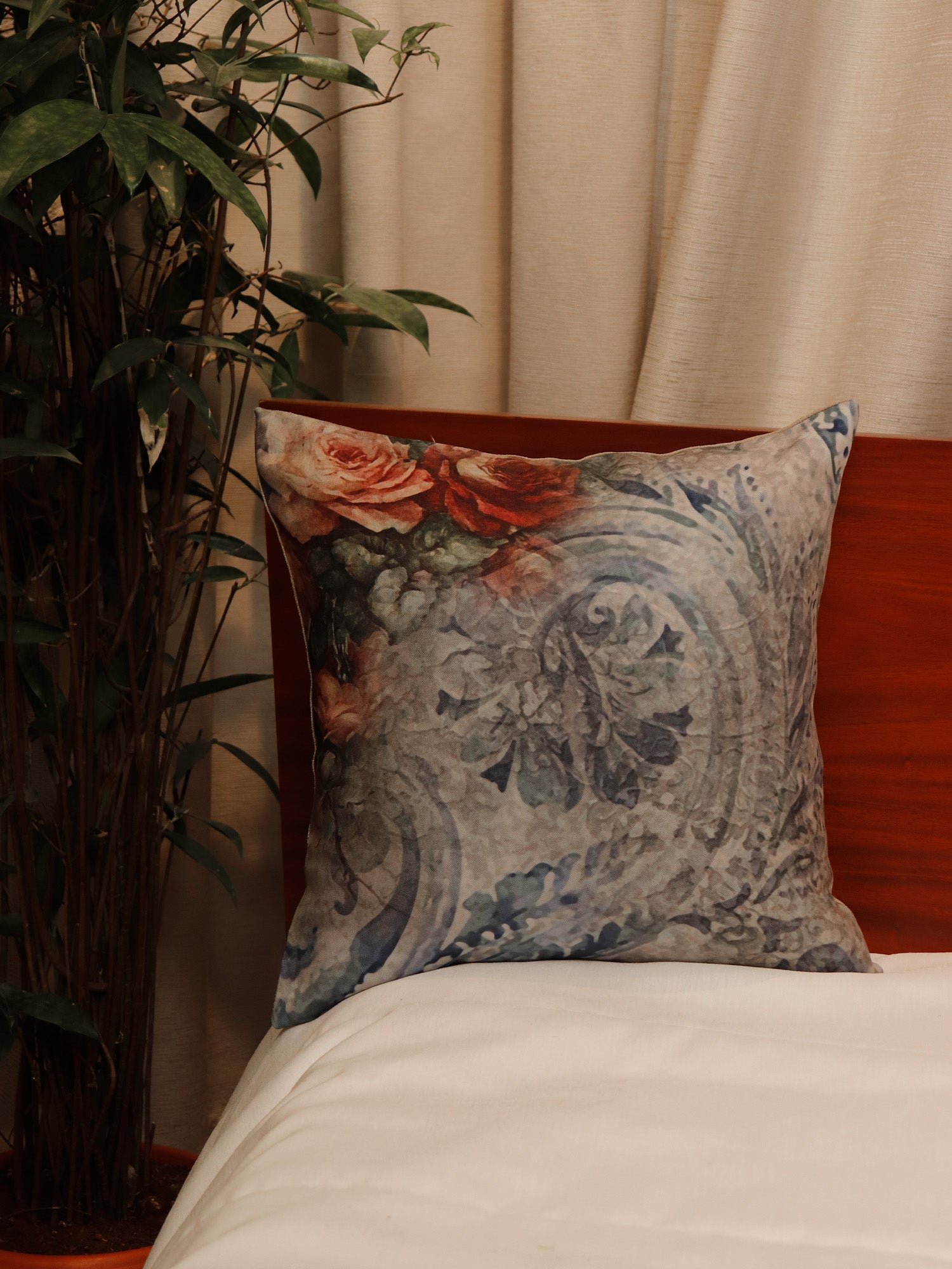 Cushion Cover Printed Poly Canvas Vintage Floral Grey - 16"x16"