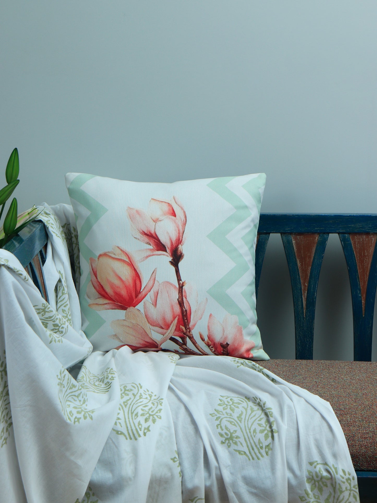 Co-ordinated Cushion Cover (Set of 5) Printed, Embroidered, Quilted Pink/Blue - 16" X 16" + 12" X 22" + 12" X 12"