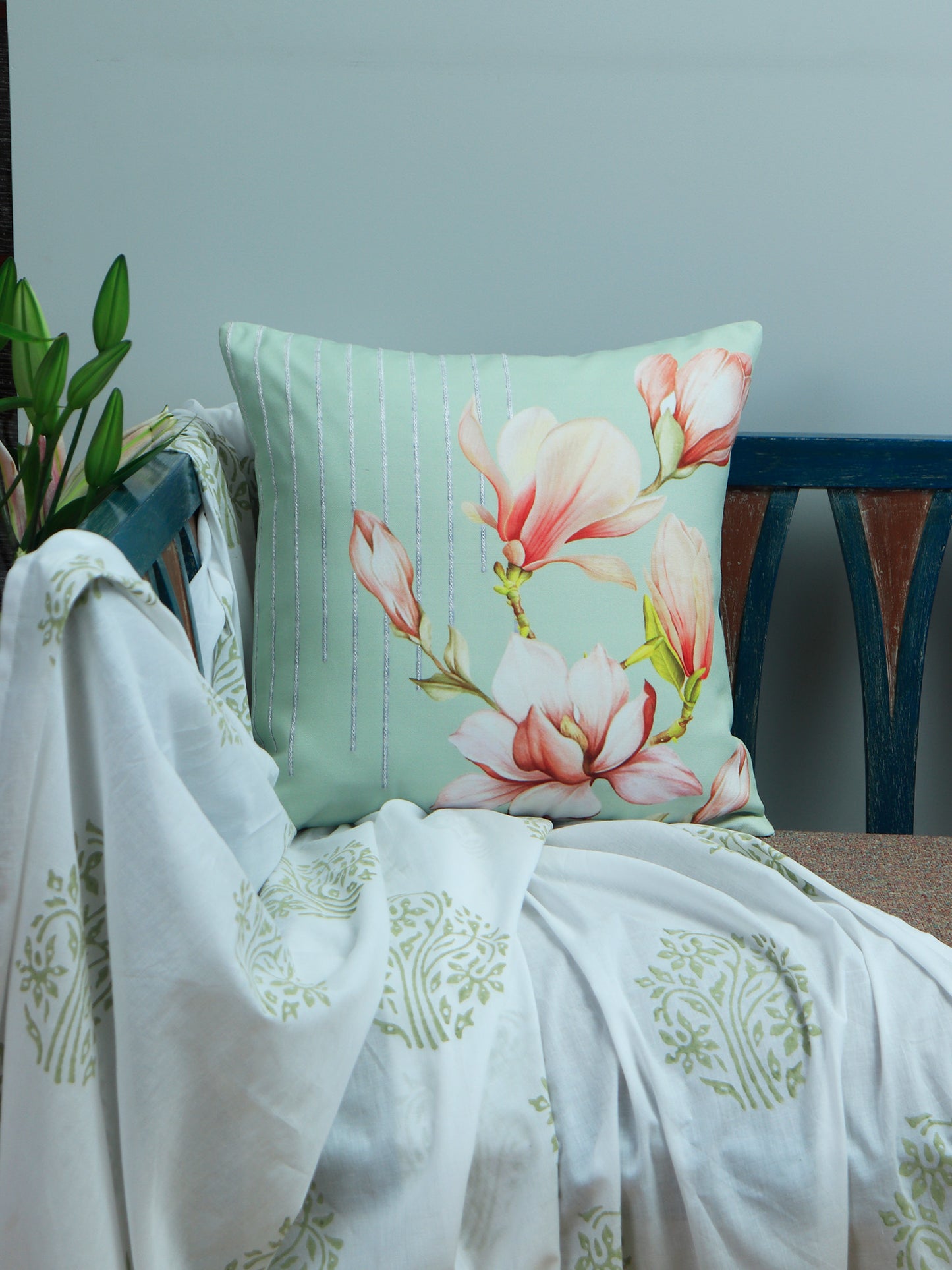 Co-ordinated Cushion Cover (Set of 5) Printed, Embroidered, Quilted Pink/Blue - 16" X 16" + 12" X 22" + 12" X 12"
