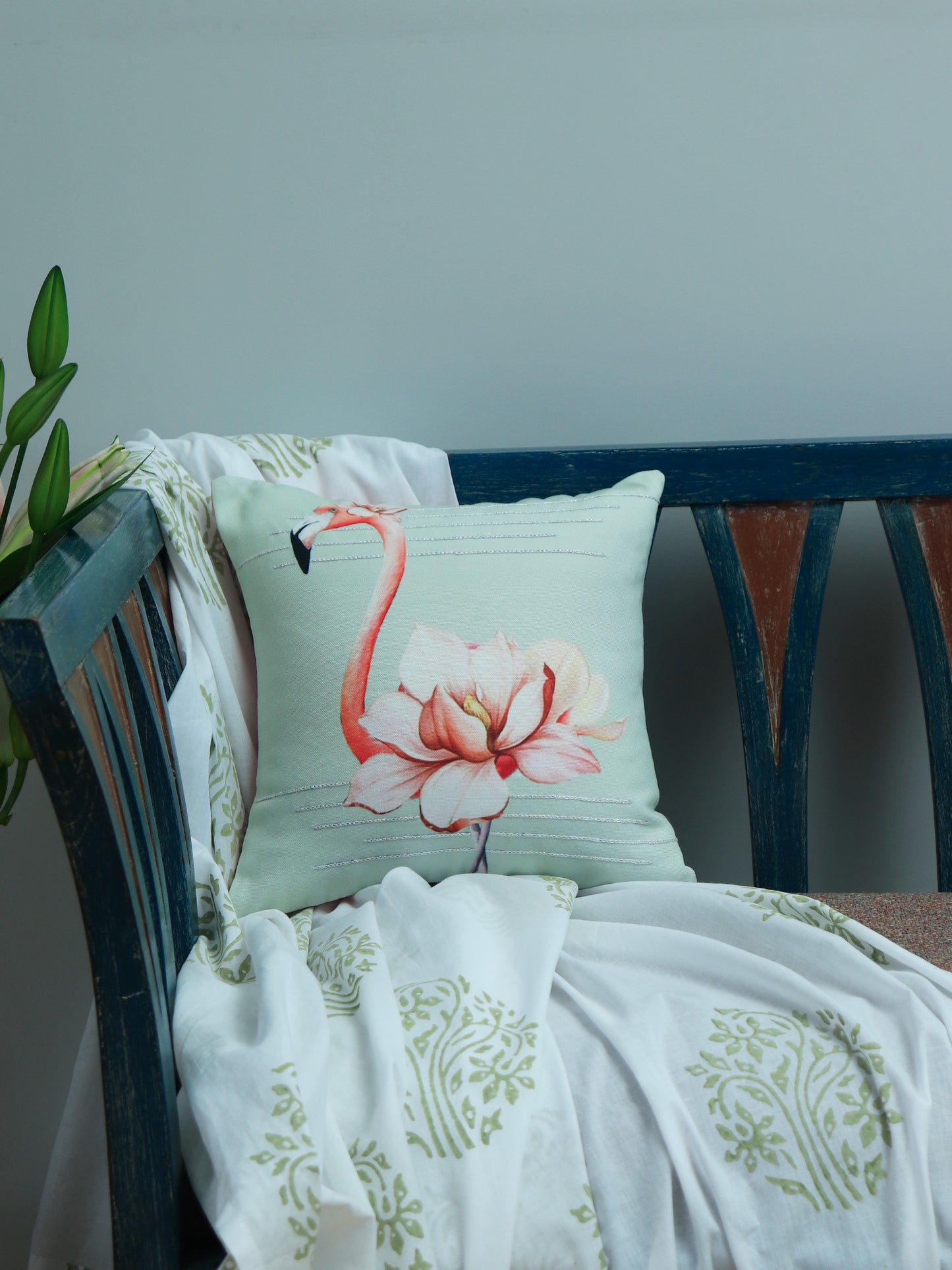 Co-ordinated Cushion Cover (Set of 5) Printed, Embroidered, Quilted Pink/Blue - 16" X 16" + 12" X 22" + 12" X 12"